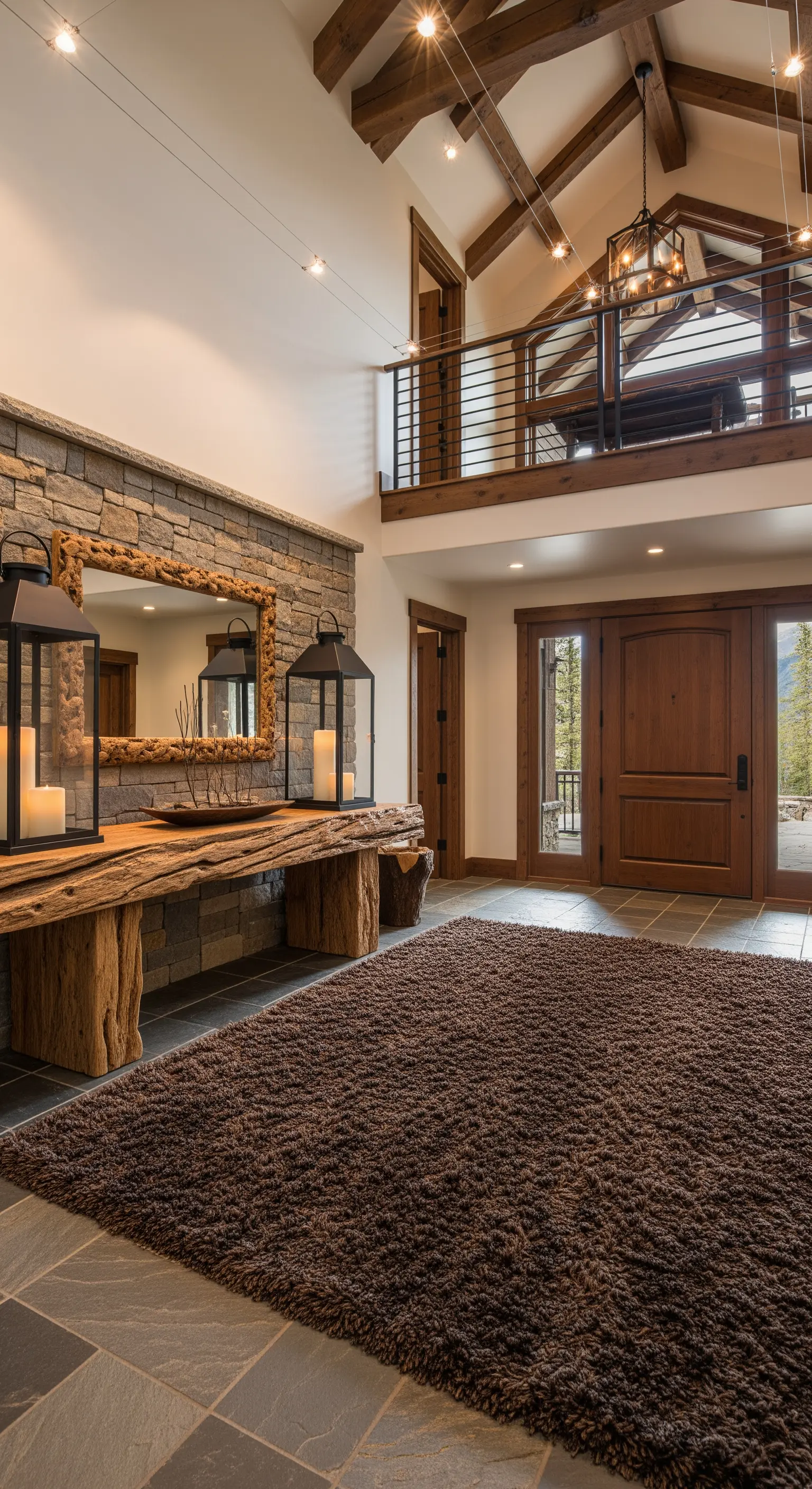Ampio ingresso in stile lodge con parete in pietra, consolle in legno massiccio e grande tappeto scuro.