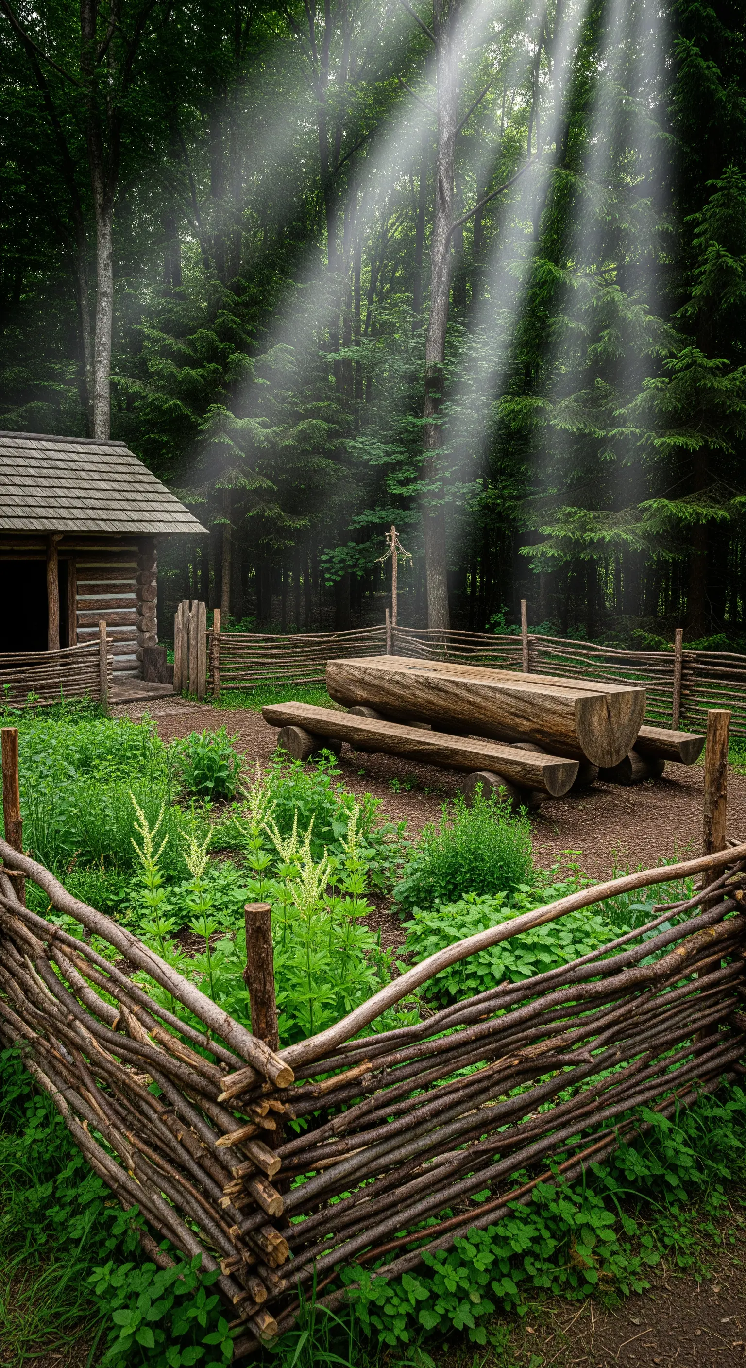 Tavolo e panche in tronchi grezzi e recinzione in rami intrecciati nel bosco.