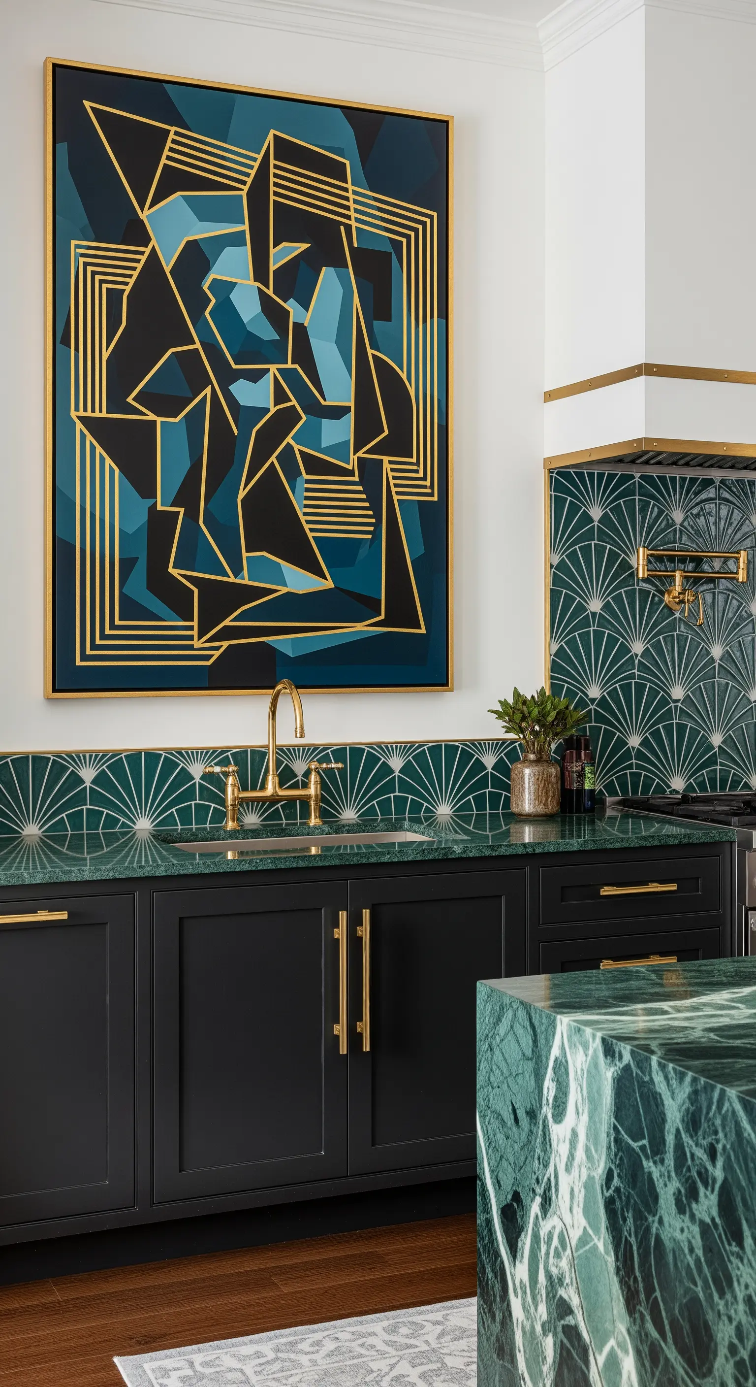 Cucina in stile Art Déco con piastrelle a ventaglio verdi, dettagli dorati e top in marmo.
