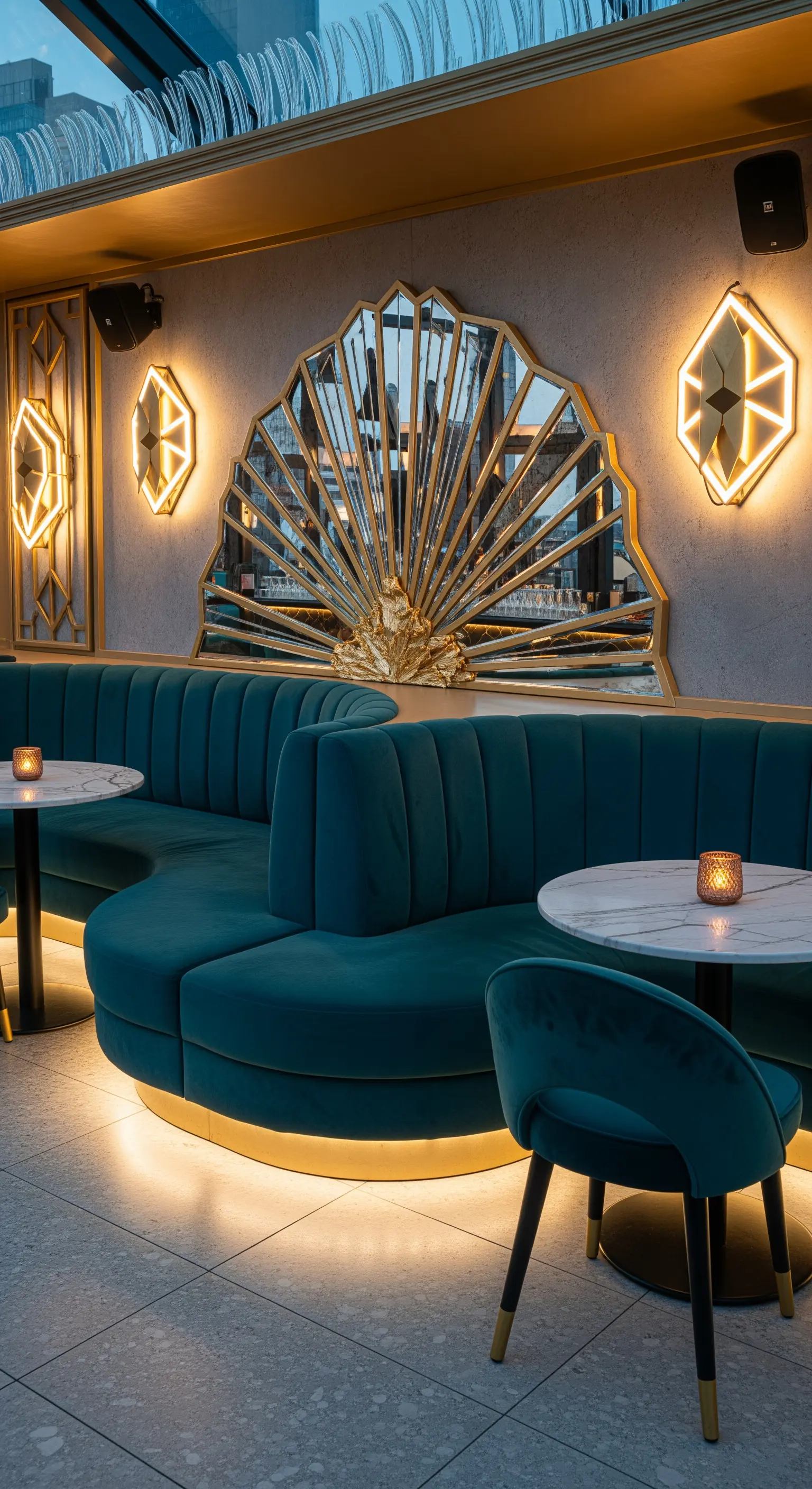 Rooftop bar con divano curvo in velluto petrolio e un grande specchio Art Déco a ventaglio.