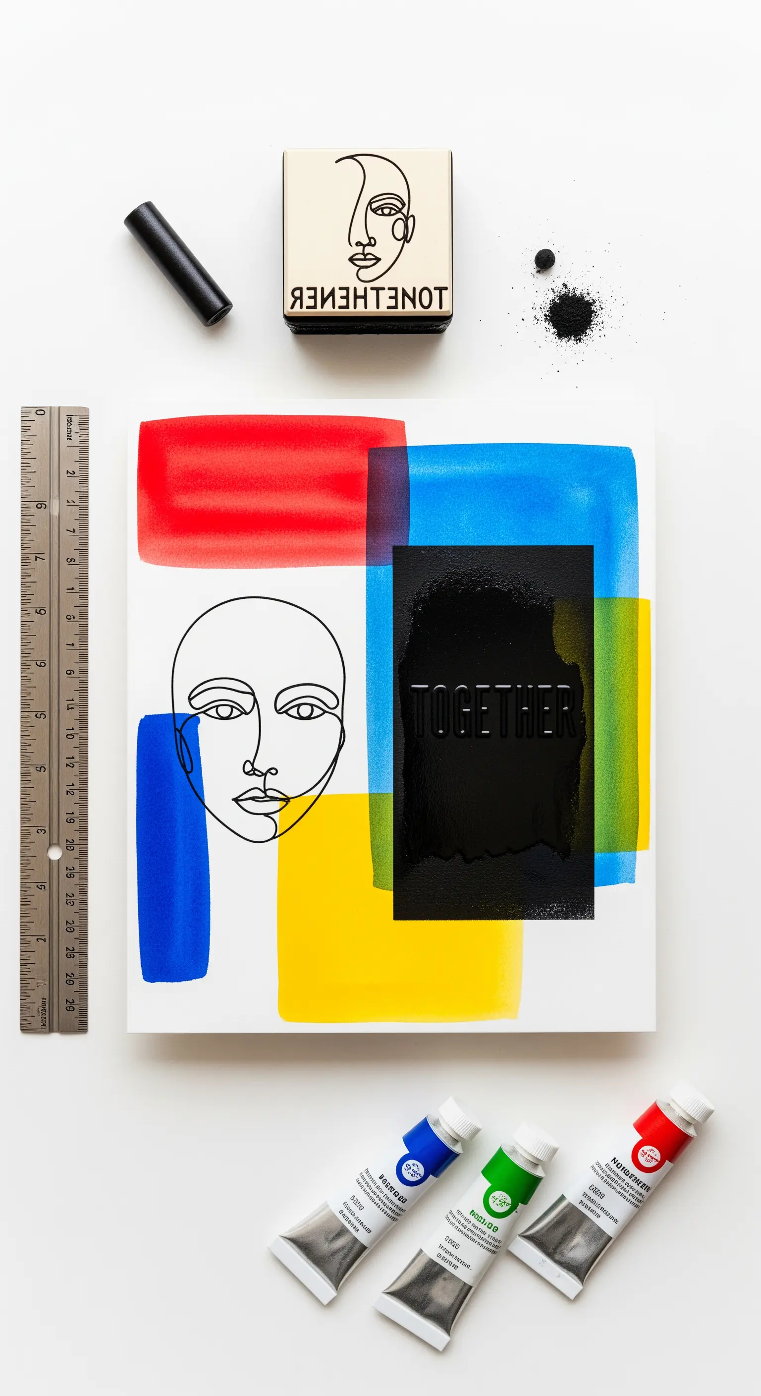 Invito moderno con blocchi di colore primario, disegno di un volto e scritta in rilievo.