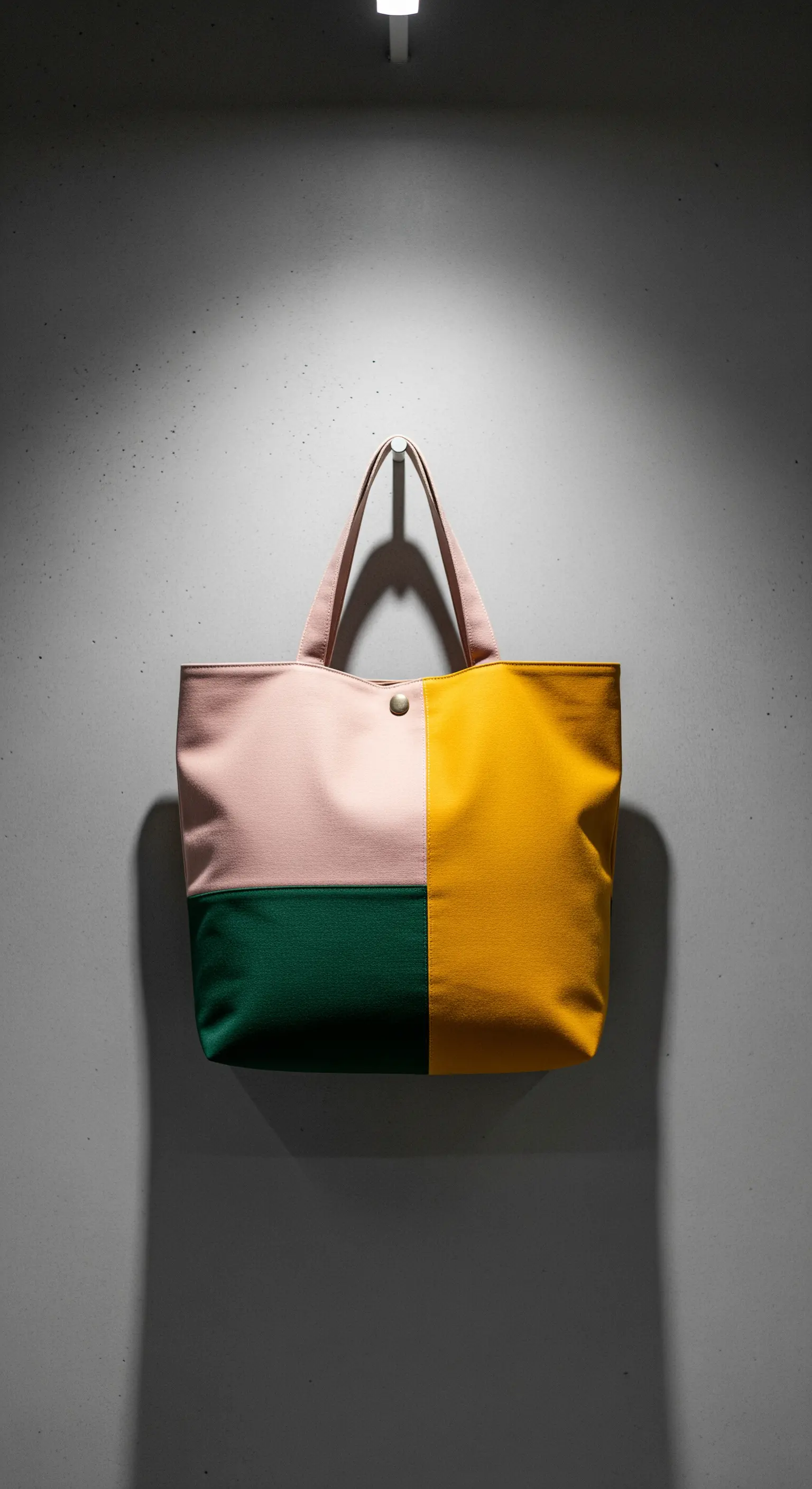 Borsa shopper con design color block geometrico nei toni del rosa, giallo e verde scuro.