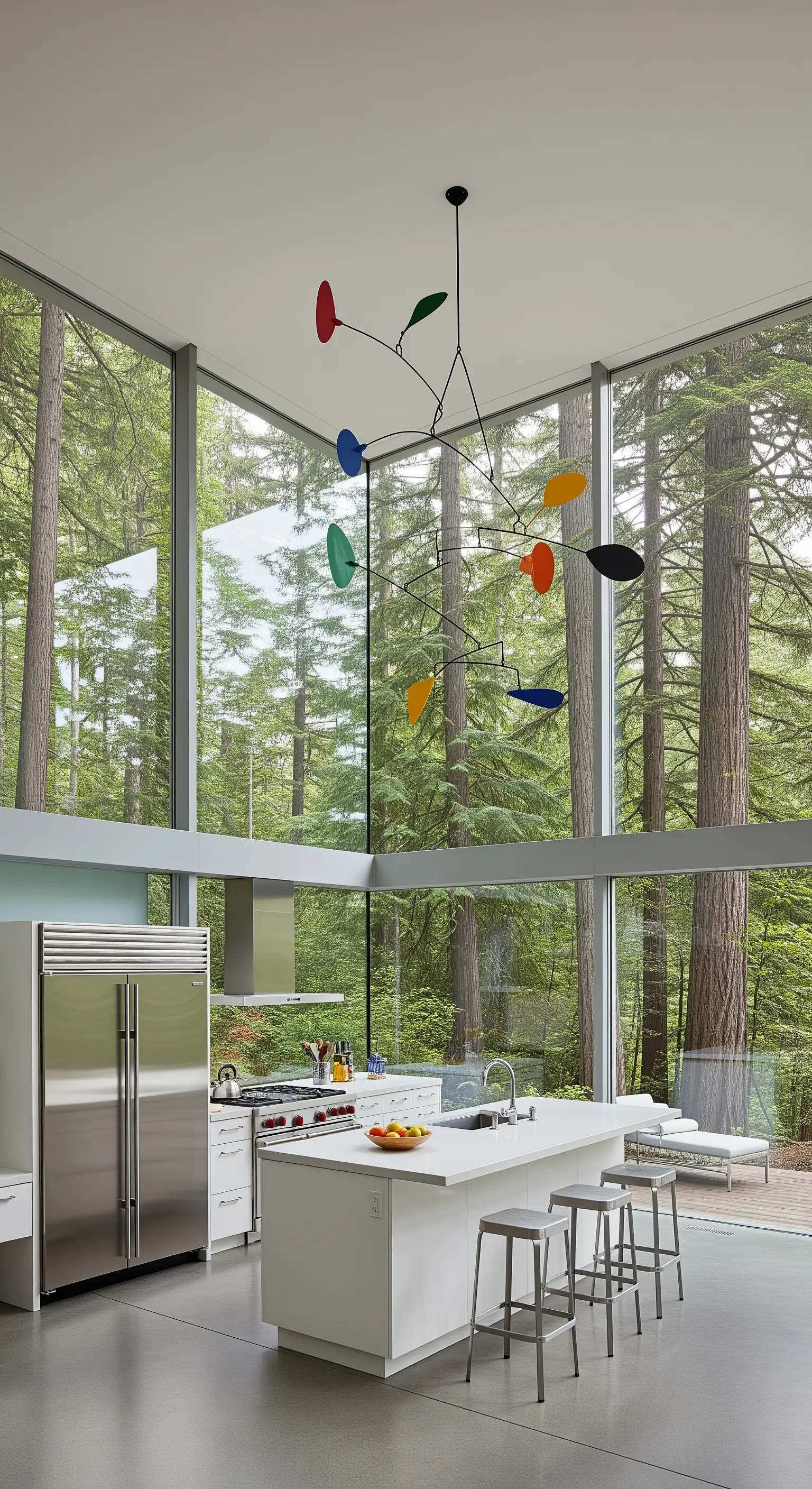 Cucina modernista bianca con vetrate a tutta altezza e un lampadario a forma di mobile colorato