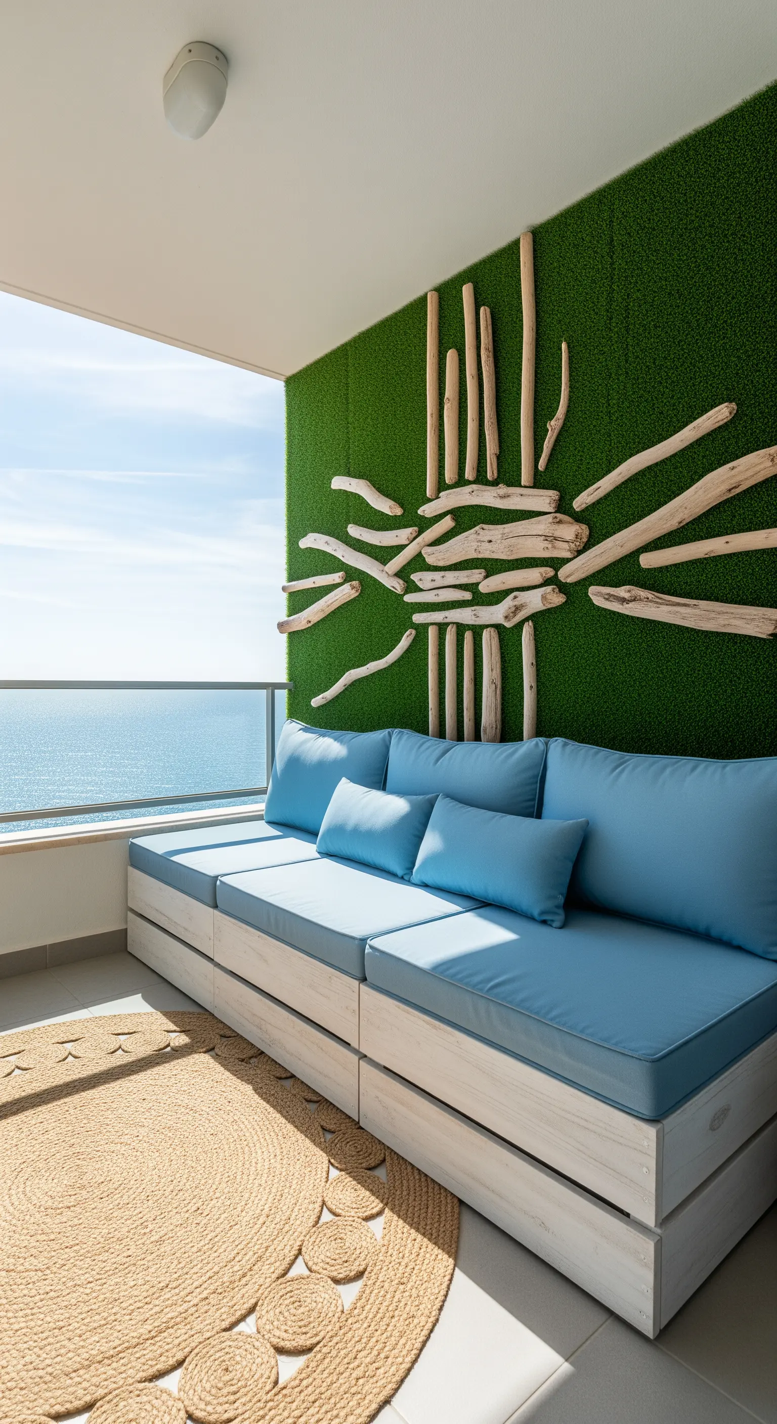 Balcone con vista mare, divano con cuscini azzurri e una parete verde con decorazione in legno.