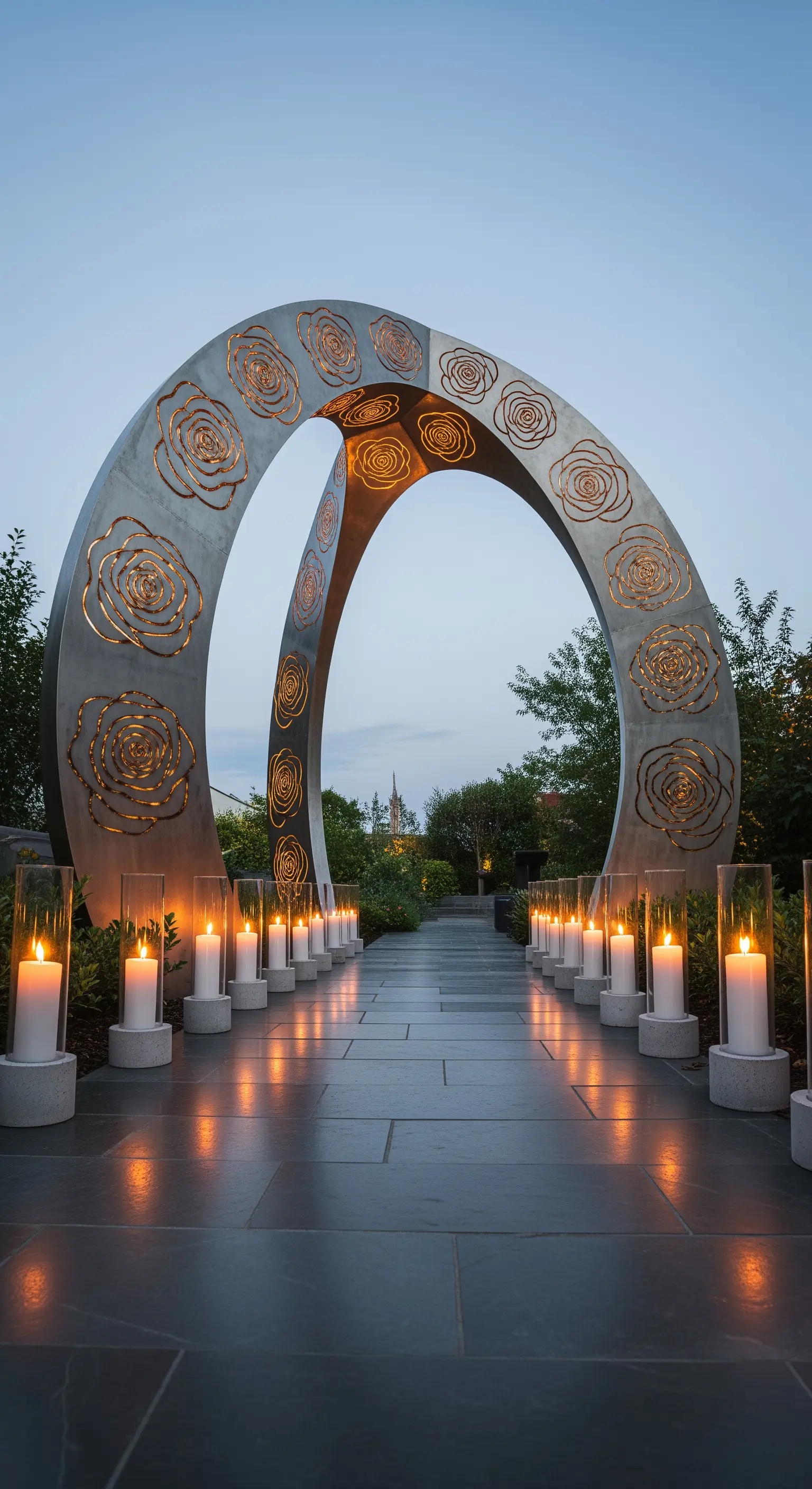 Moderna scultura circolare in metallo con incisioni di rose, che funge da arco in un giardino.