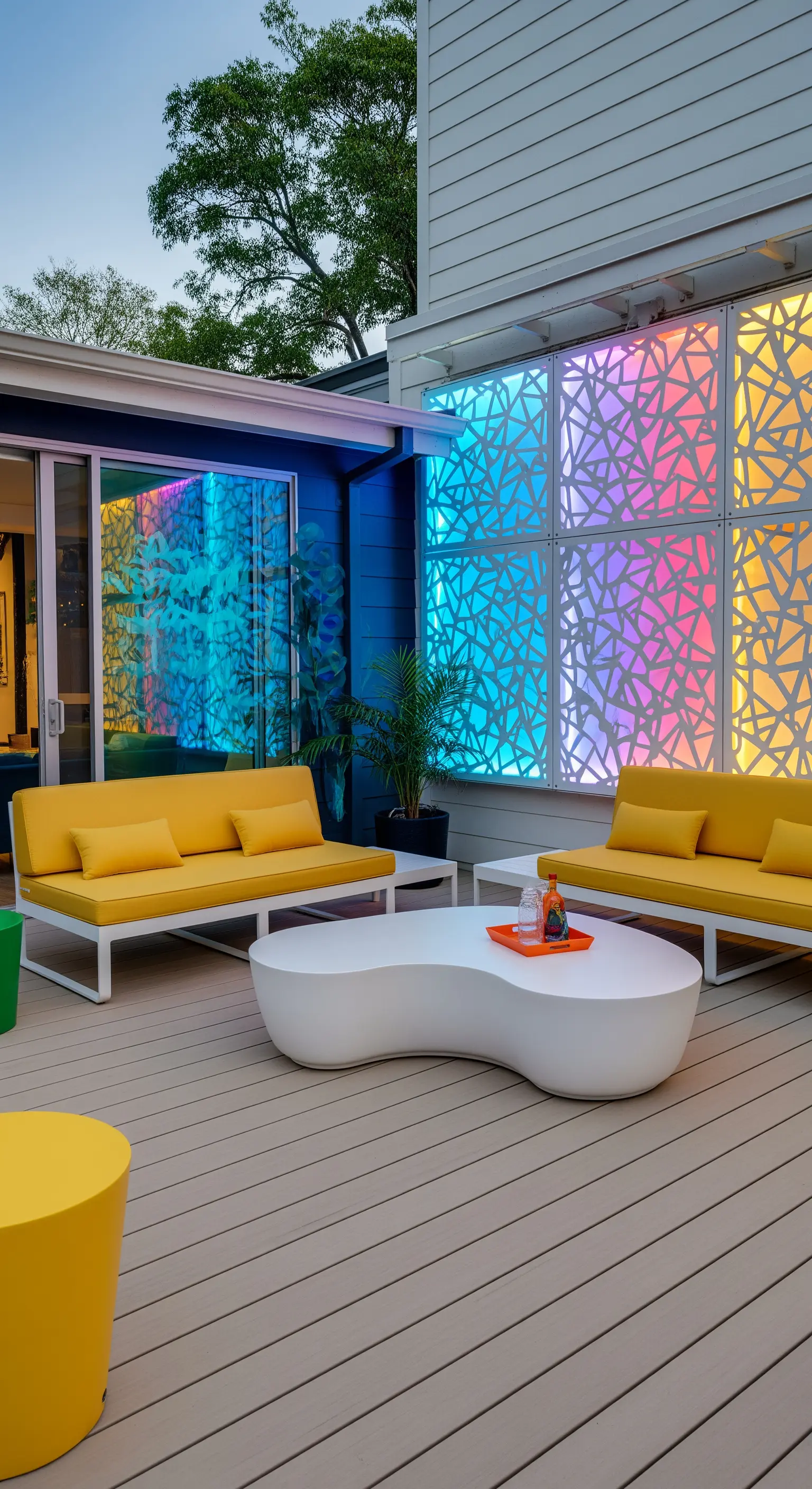 Patio con divani gialli e pannelli decorativi retroilluminati con luci colorate.