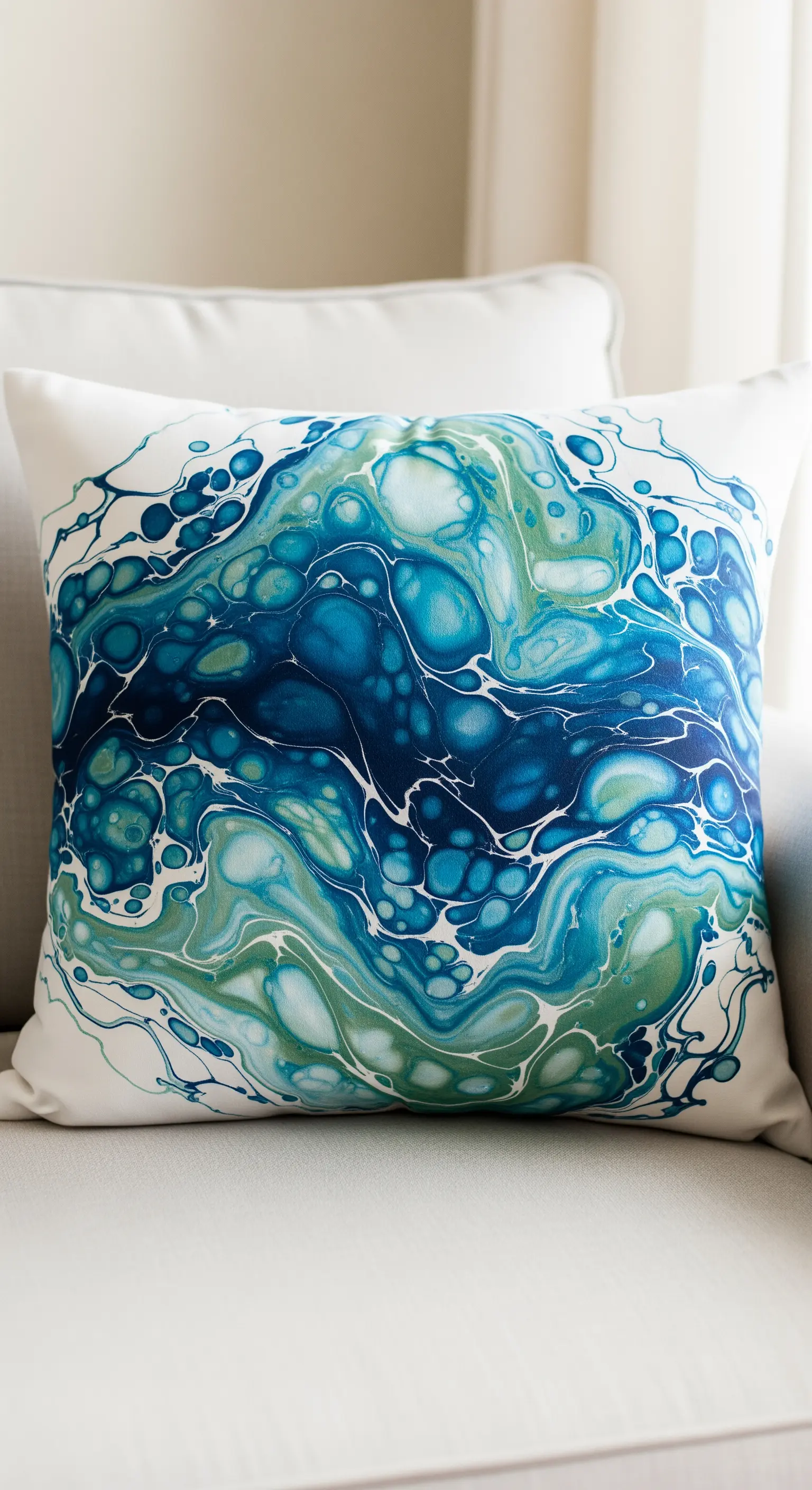Cuscino con un motivo astratto di pittura fluida nei toni del blu, verde e bianco.