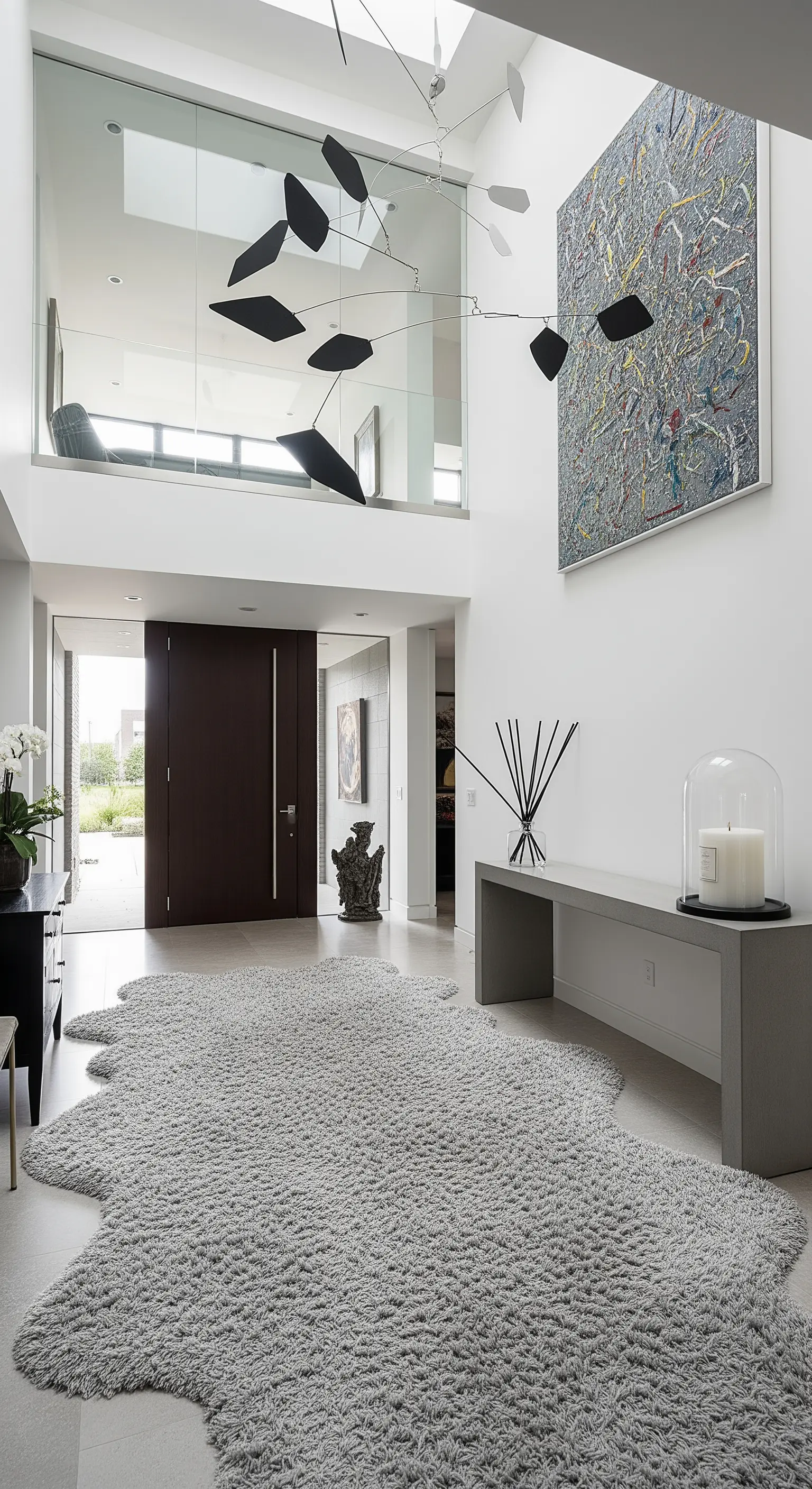 Ingresso moderno a doppia altezza con scultura mobile, tappeto di forma irregolare e arte astratta.