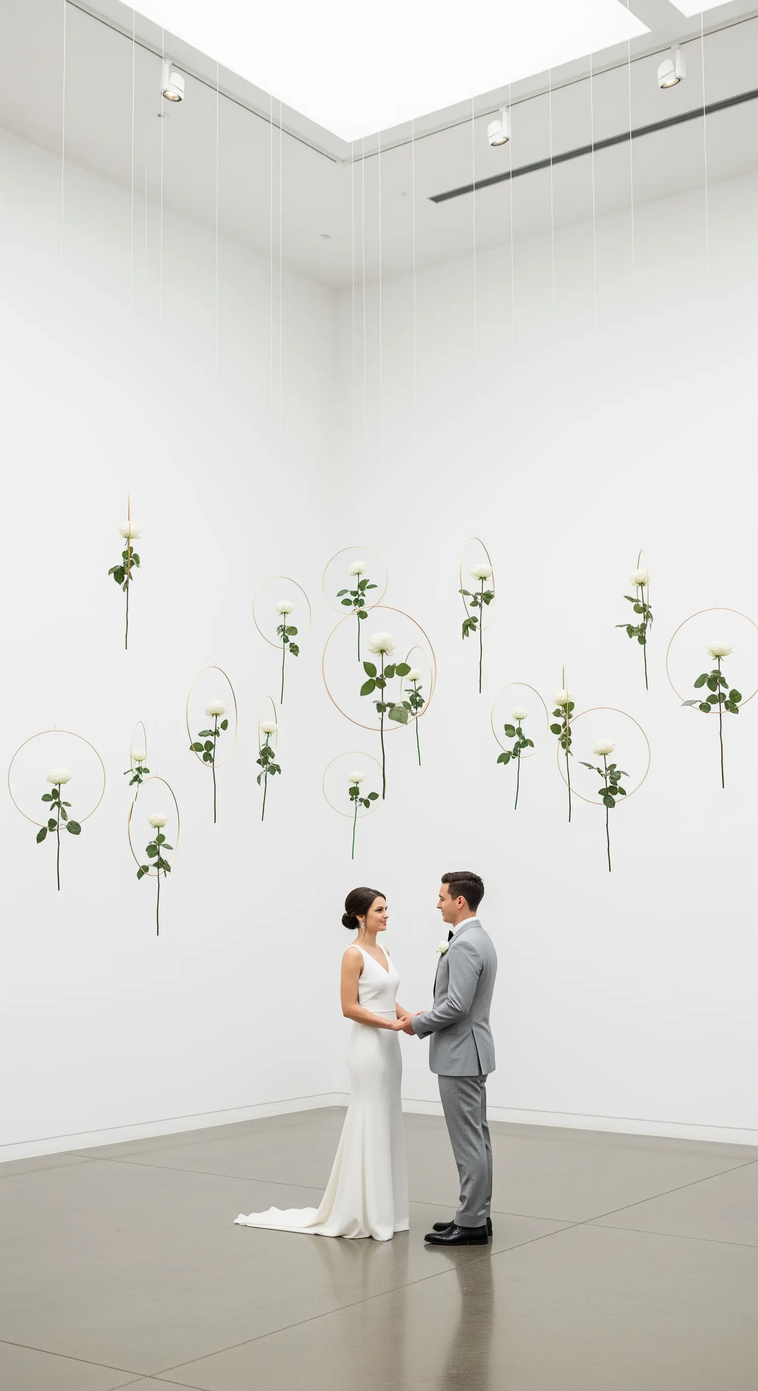 Rose bianche a stelo lungo sospese all'interno di cerchi dorati in una galleria d'arte bianca.