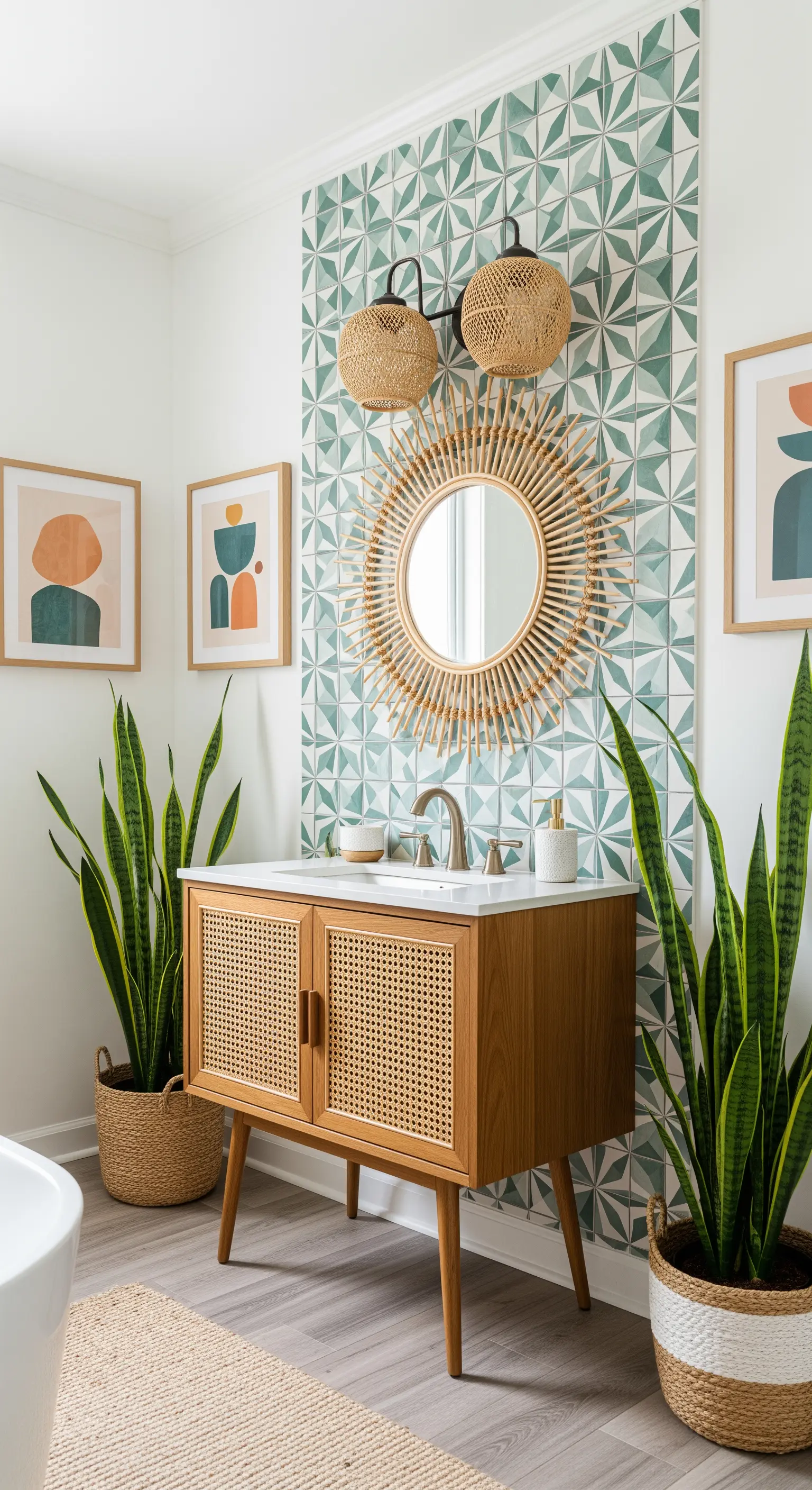 Mobile in rattan, specchio a raggiera e parete con piastrelle a motivo geometrico verde.