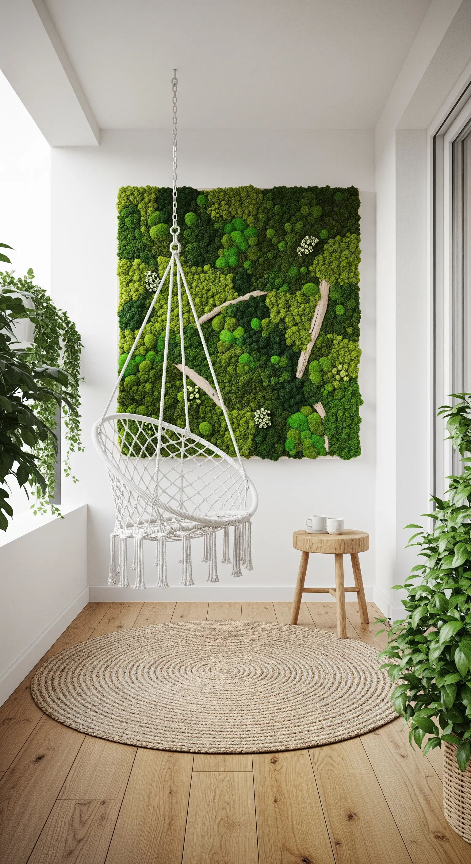 Poltrona sospesa in macramè bianco davanti a un quadro di muschio stabilizzato su una parete.
