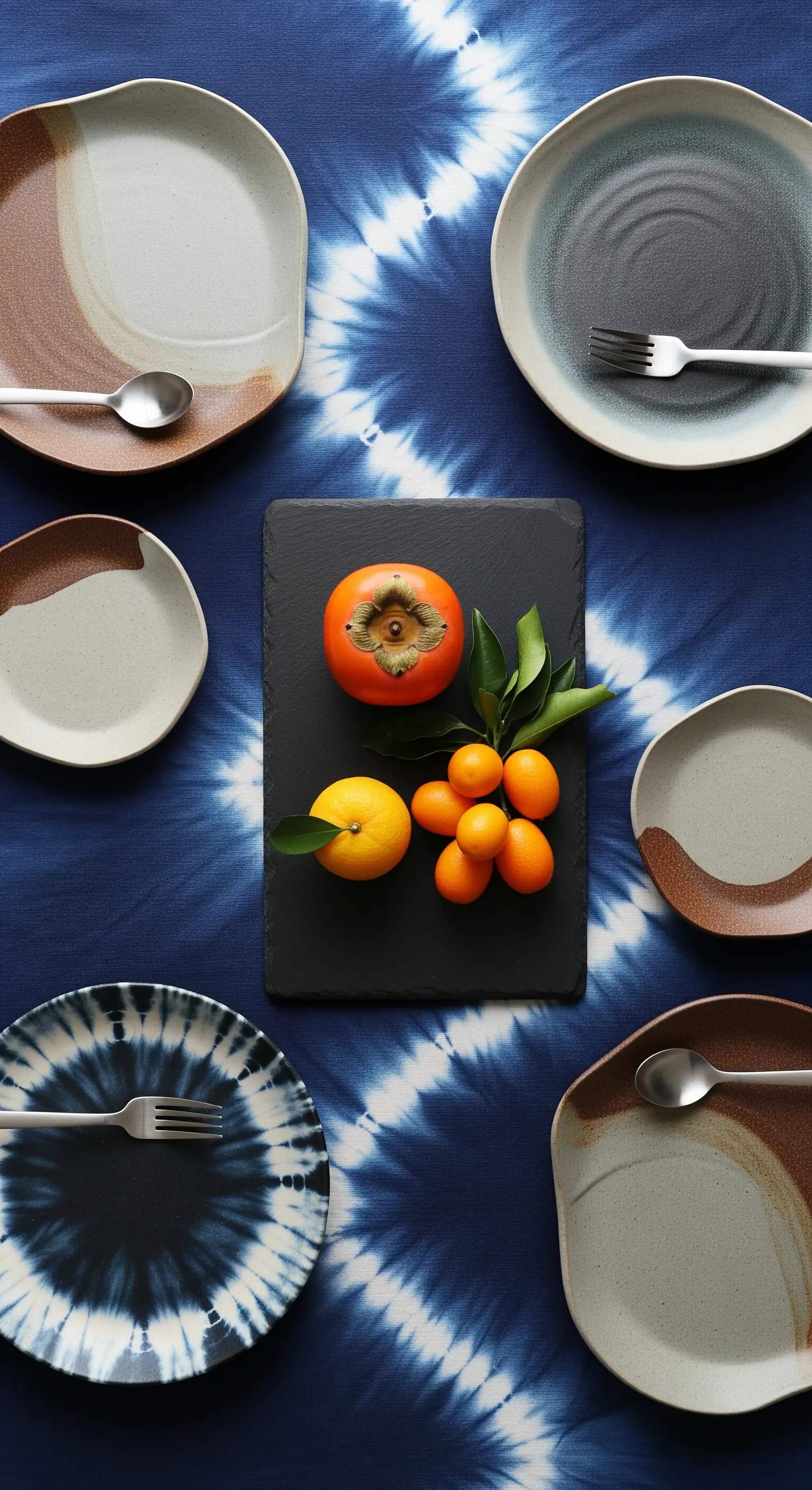 Tovaglia tie-dye blu con piatti di ceramica e cachi su un'ardesia.