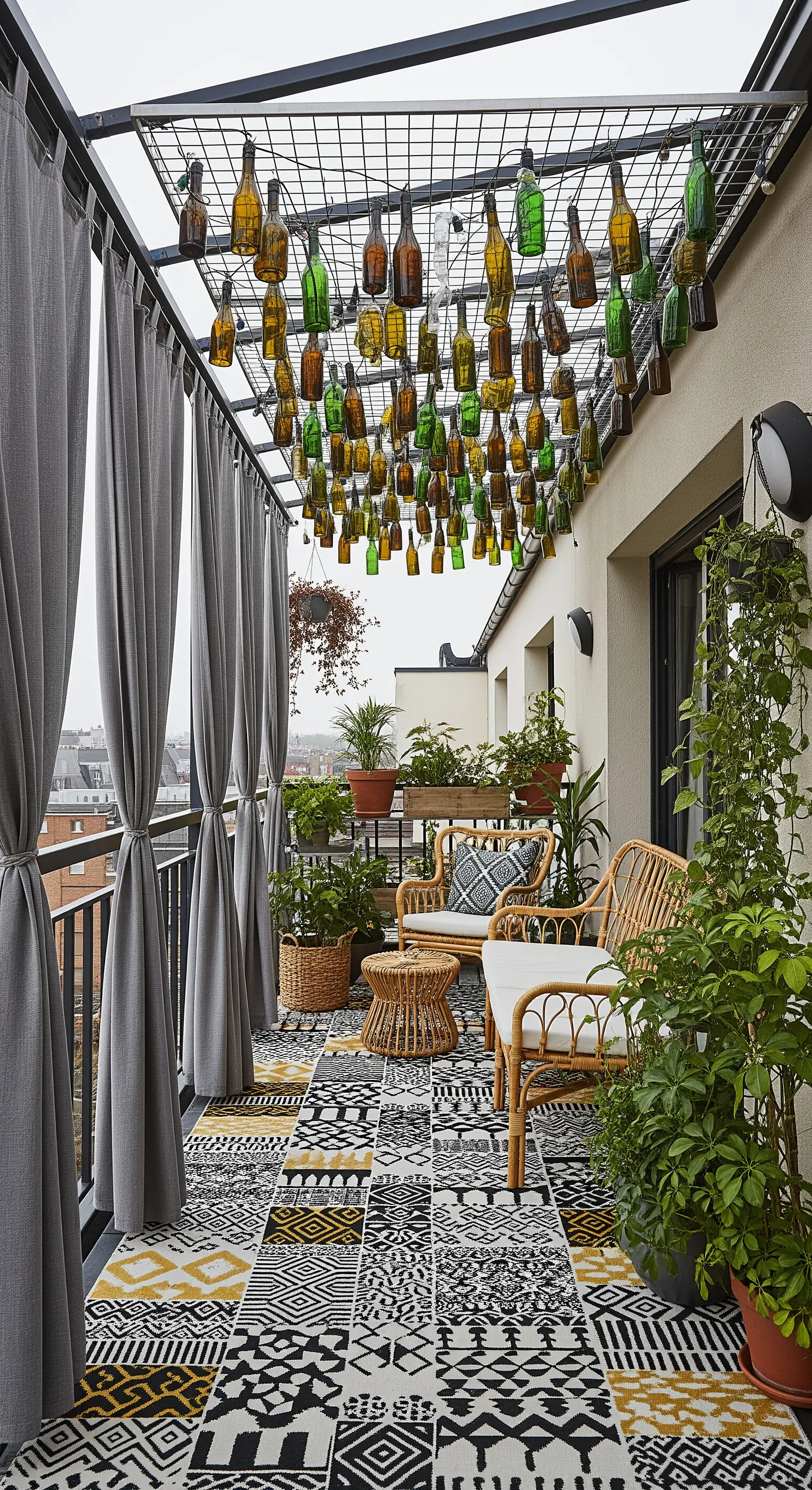 Balcone con installazione di bottiglie colorate appese e tappeto patchwork geometrico.