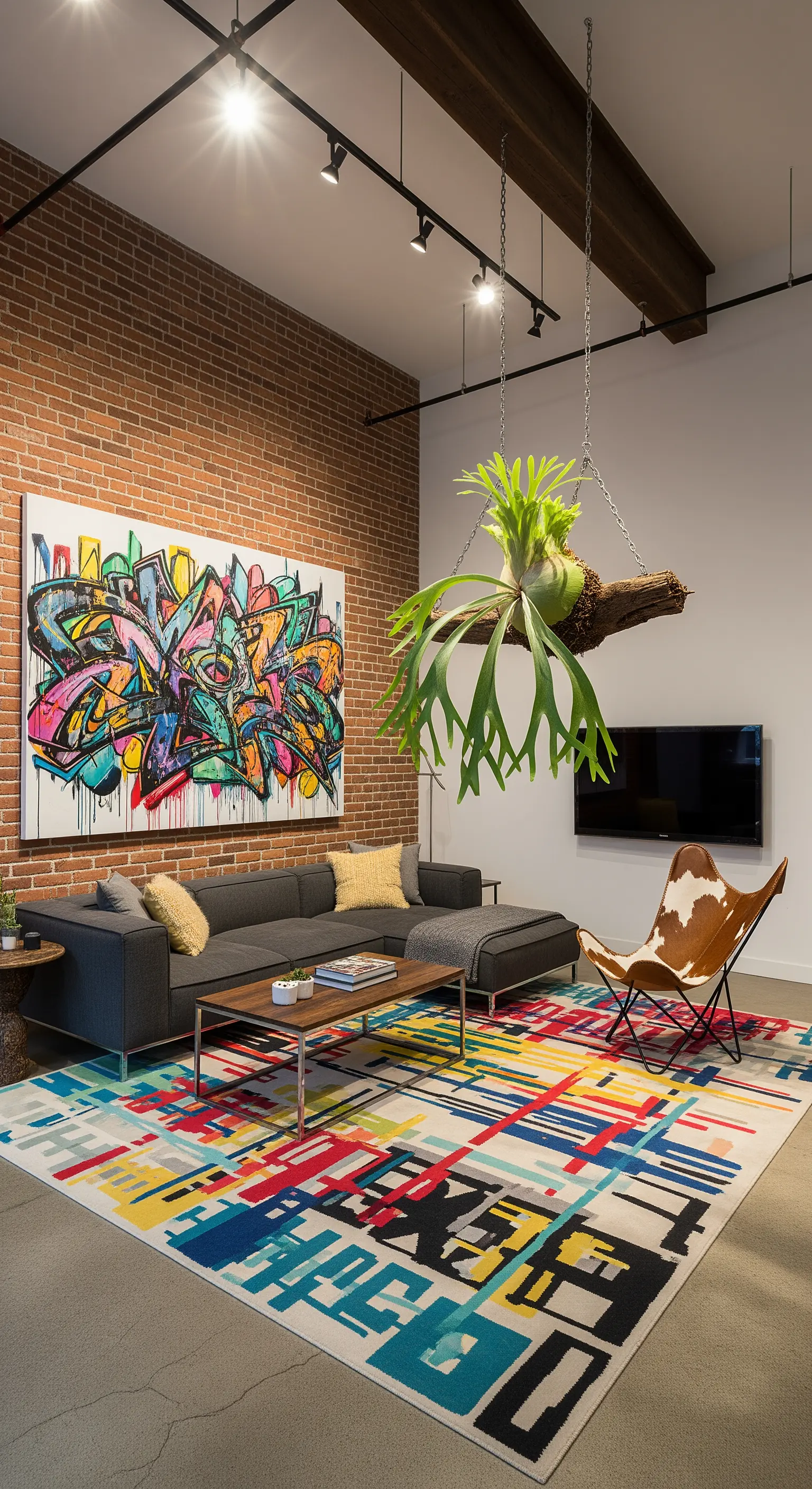 Salotto industrial con parete in mattoni, quadro street art e una grande felce sospesa a un tronco.