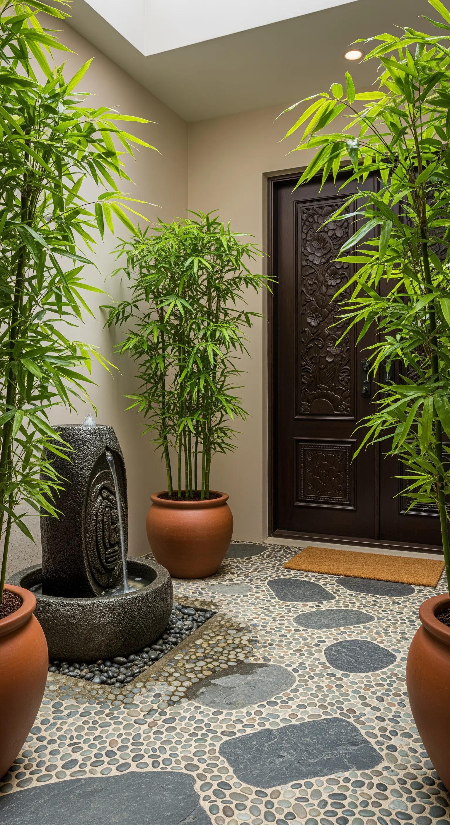 Ingresso con pavimento a mosaico di ciottoli, porta in legno intagliato e vasi di bambù.