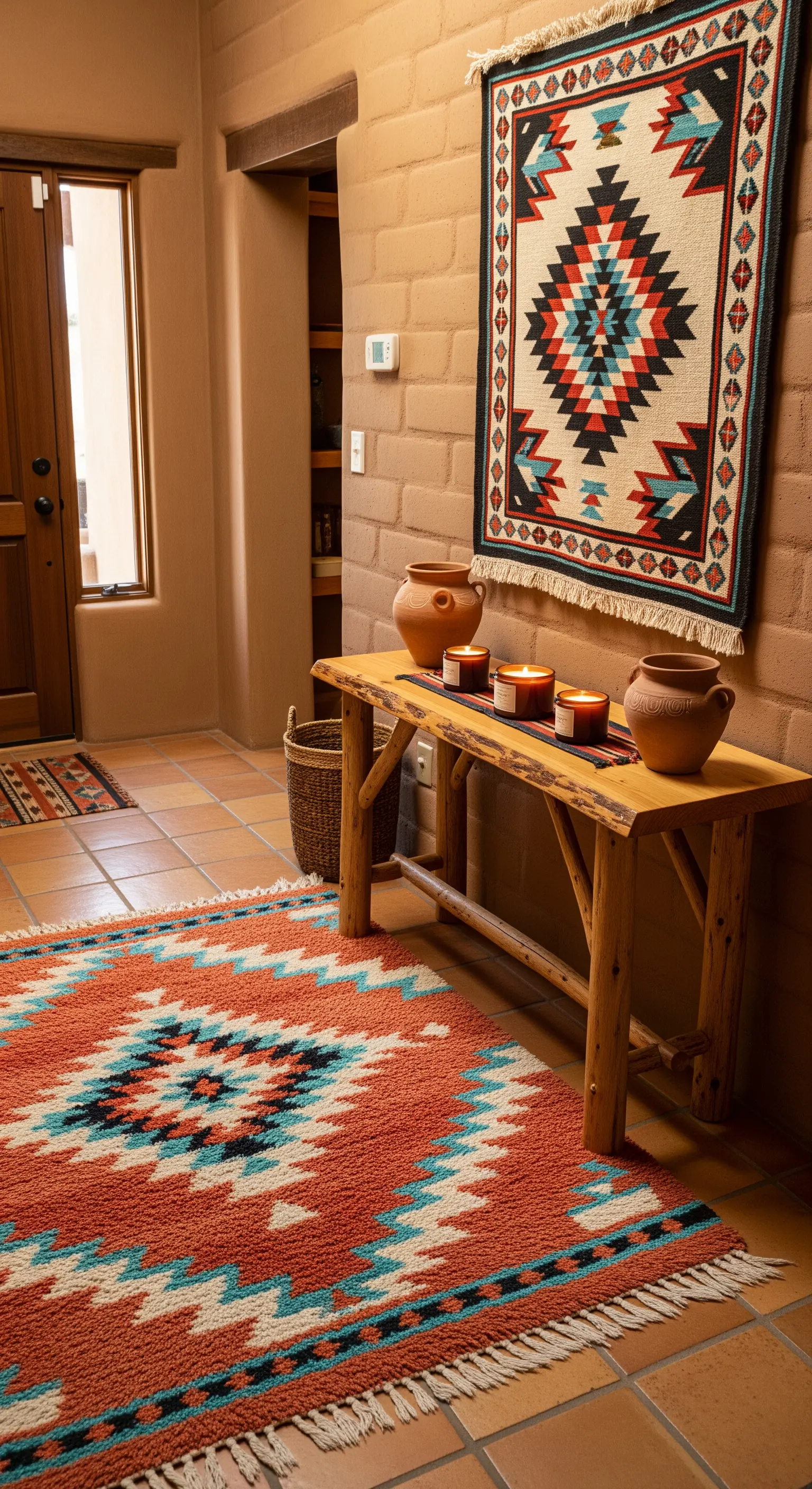 Ingresso in stile Southwestern con tappeto navajo, panca in legno e arazzo a parete.