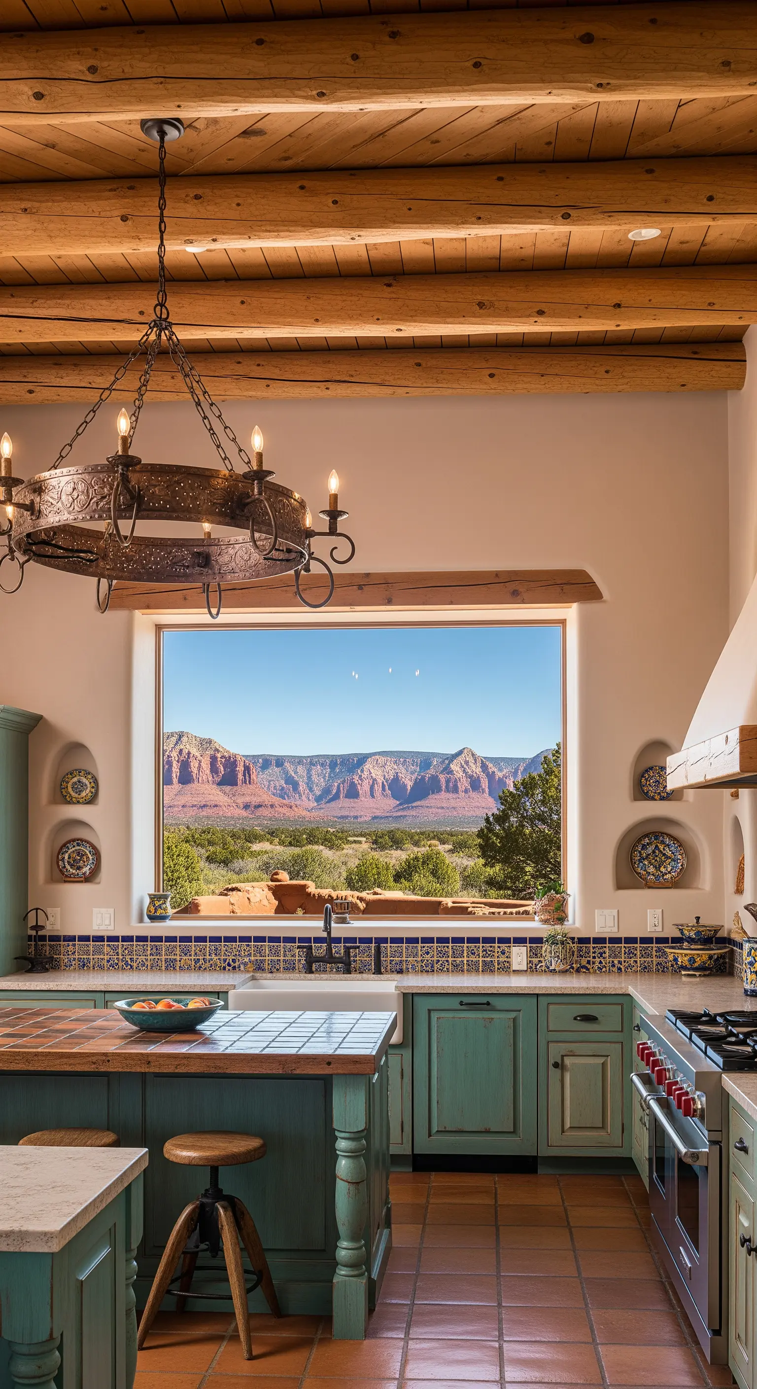 Cucina in stile sud-occidentale con mobili turchesi, cotto e lampadario in metallo rustico