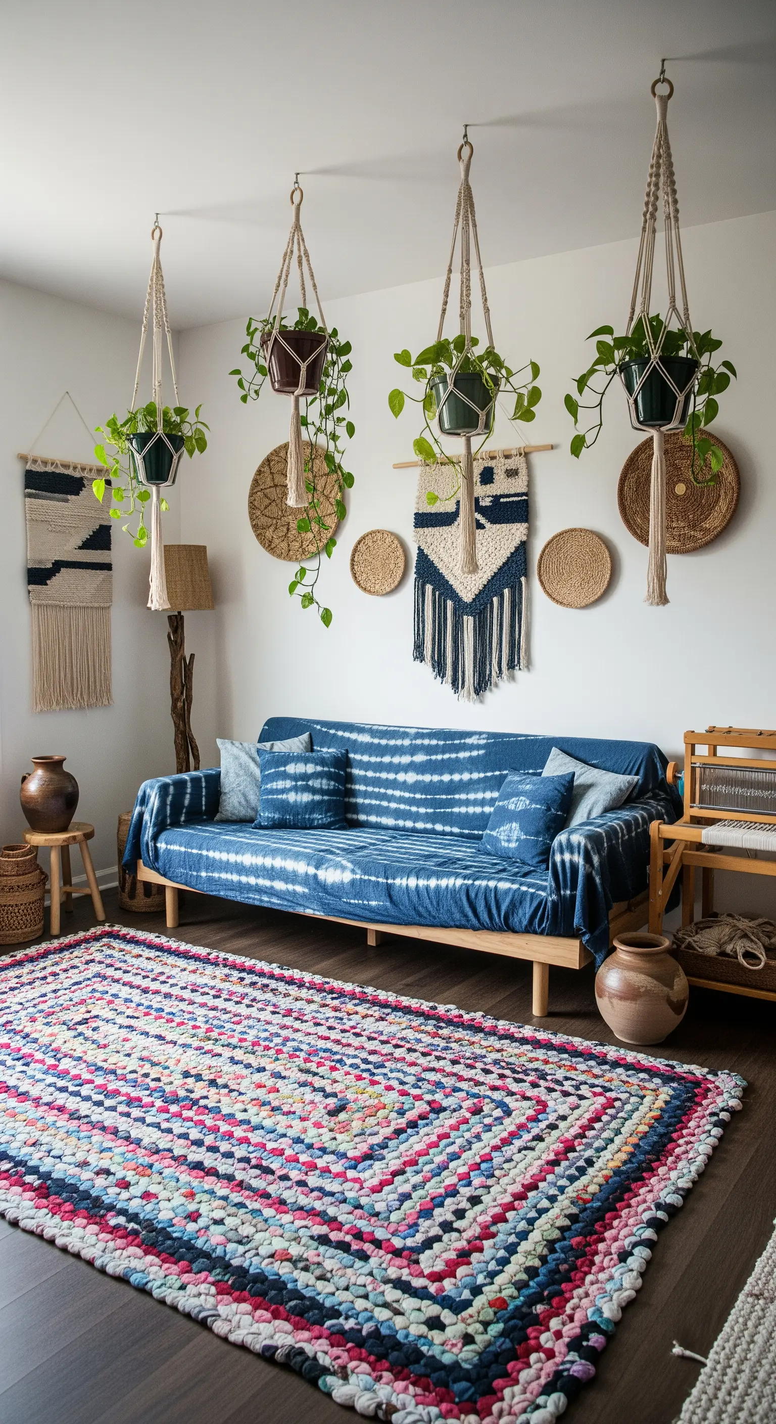 Salotto con decorazioni in macramè, un divano con tessuto shibori e un colorato tappeto intrecciato.