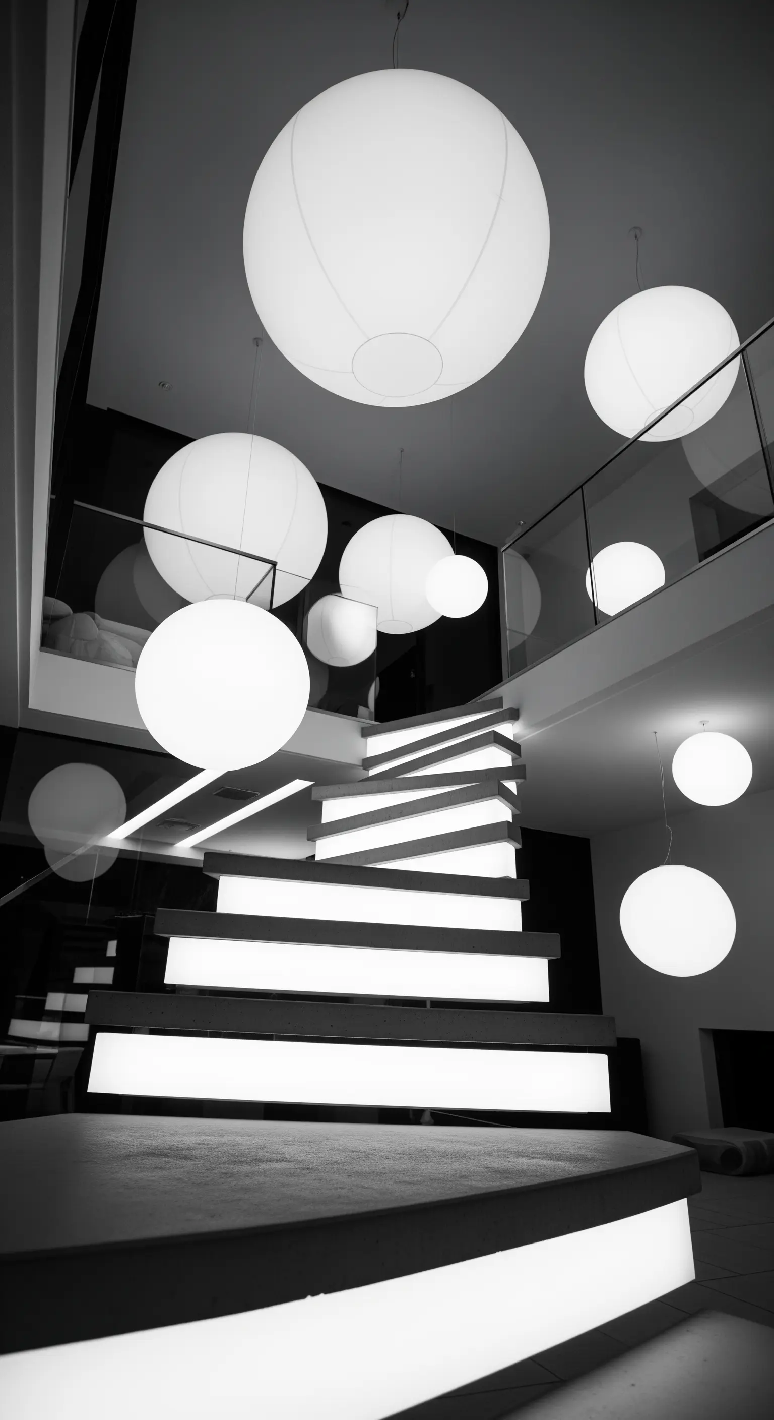 Scala moderna in bianco e nero con gradini retroilluminati e lampade a globo sospese.