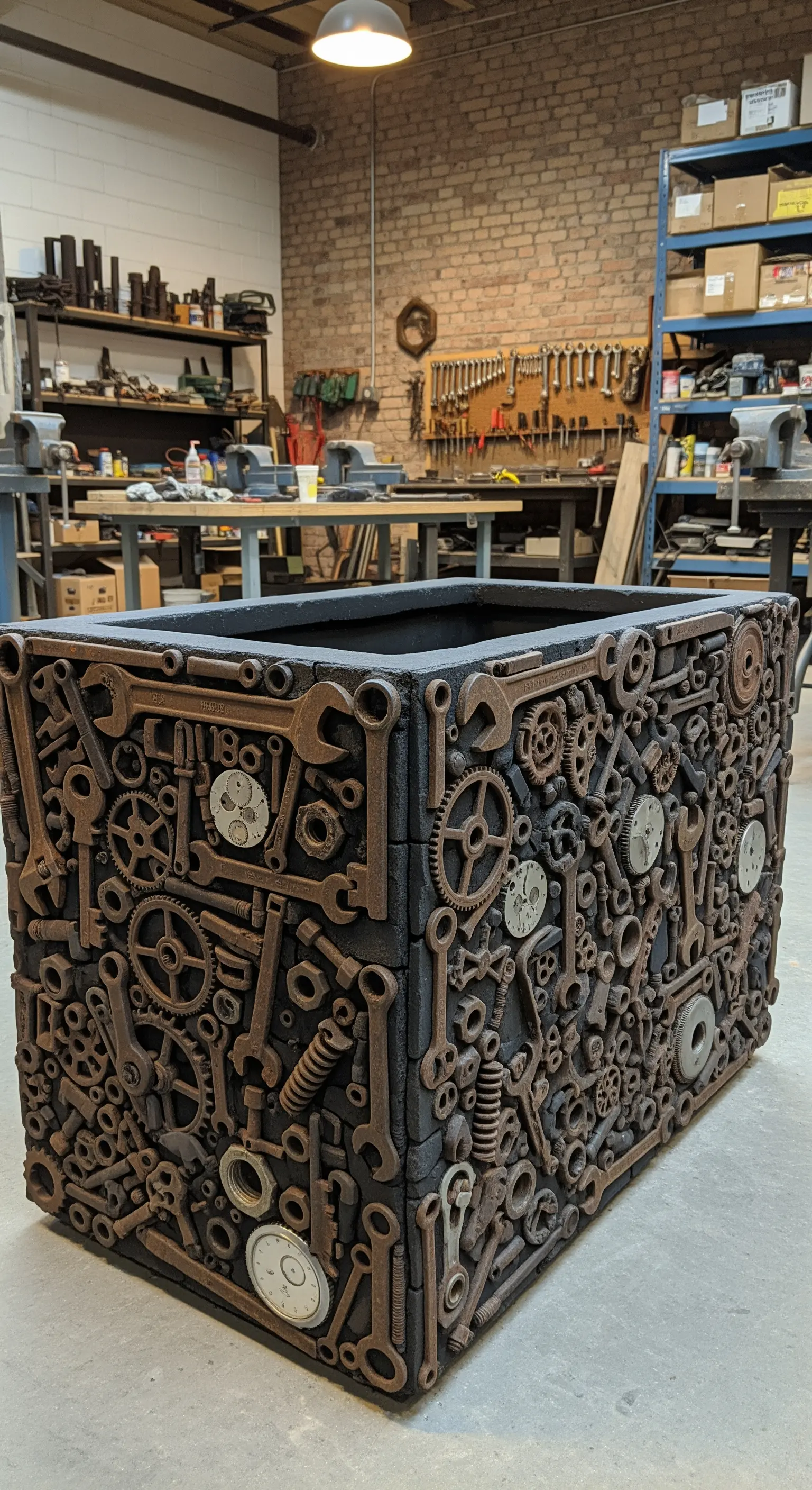 Grande fioriera quadrata decorata con un assemblaggio di vecchi attrezzi meccanici arrugginiti.