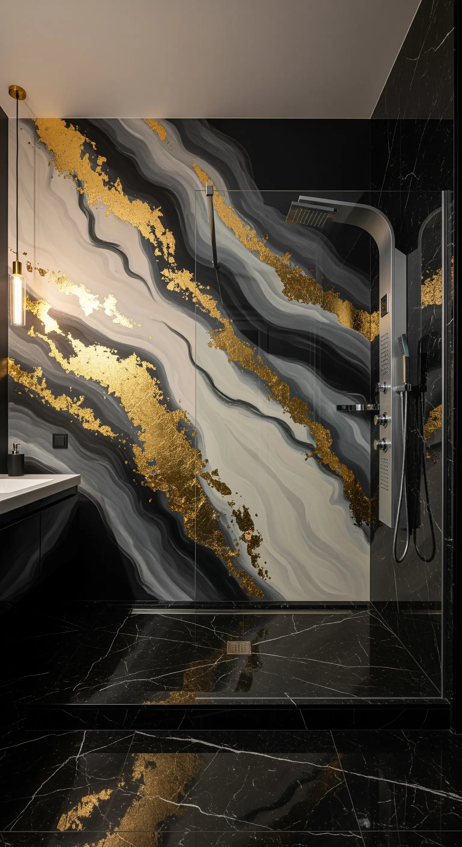 Bagno di lusso con doccia walk-in, pannello decorativo astratto nero, grigio e oro.