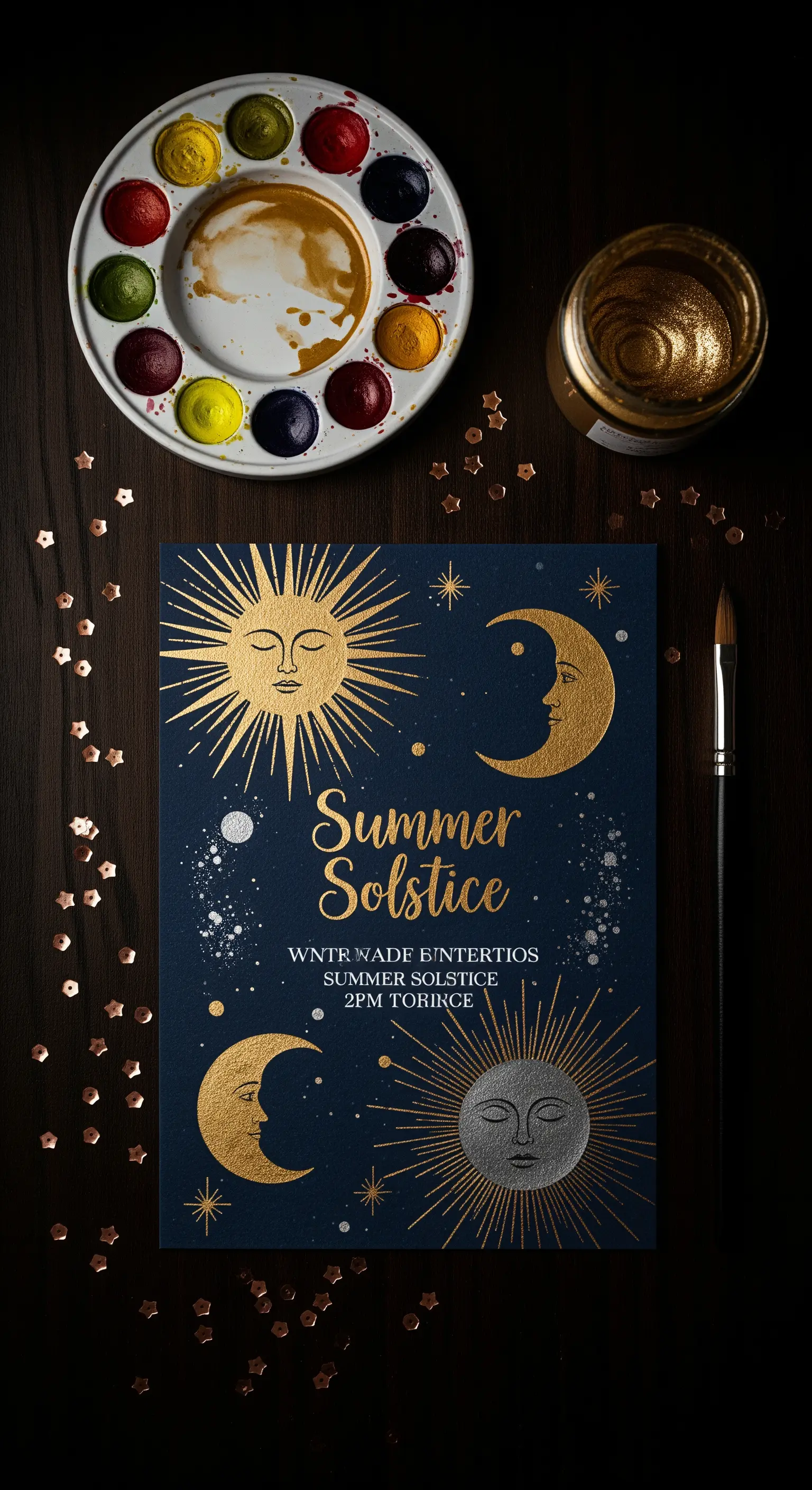 Invito per il solstizio d'estate con sole e luna dorati e argentati su sfondo blu.