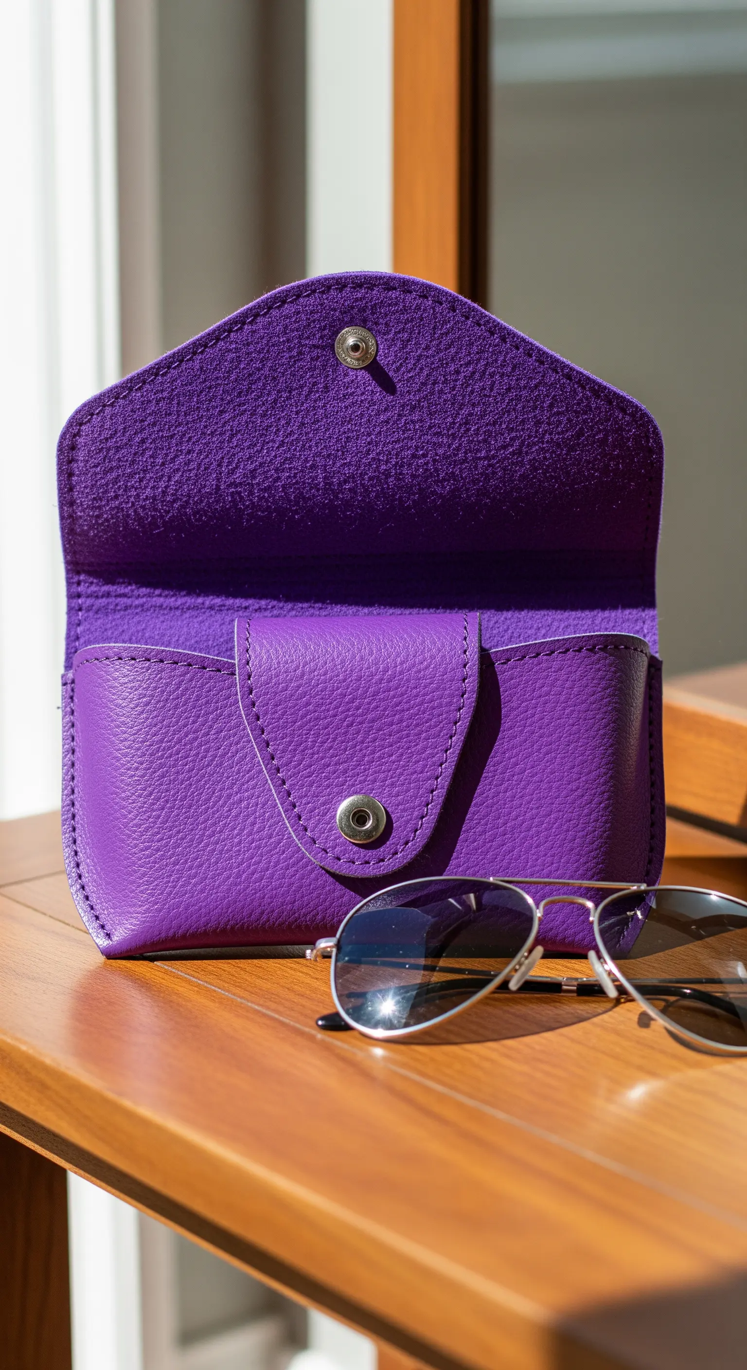 Portaocchiali in pelle viola brillante aperto, con occhiali da sole accanto.