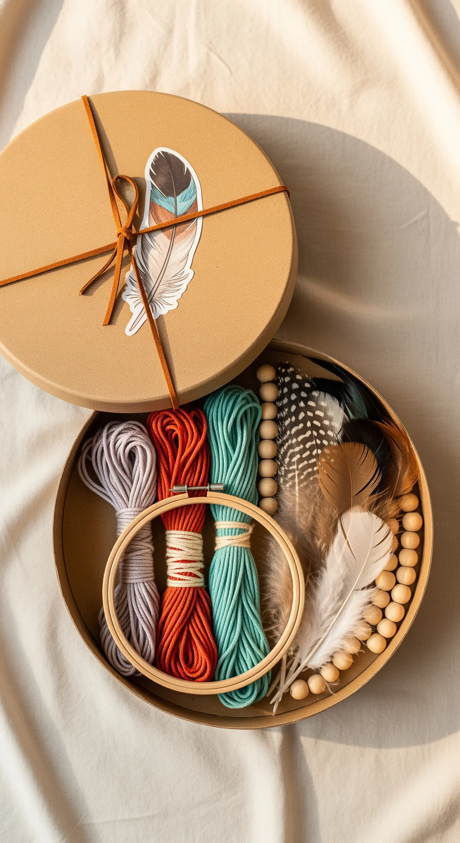 Kit fai-da-te per creare un acchiappasogni, con fili colorati, perline e piume in una scatola rotonda.