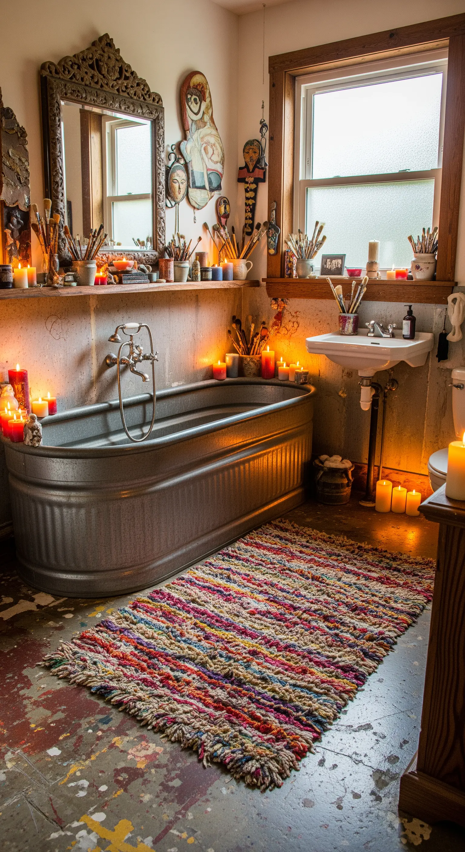 Bagno eclettico con vasca in metallo, specchio ornato e tappeto colorato fatto a mano.