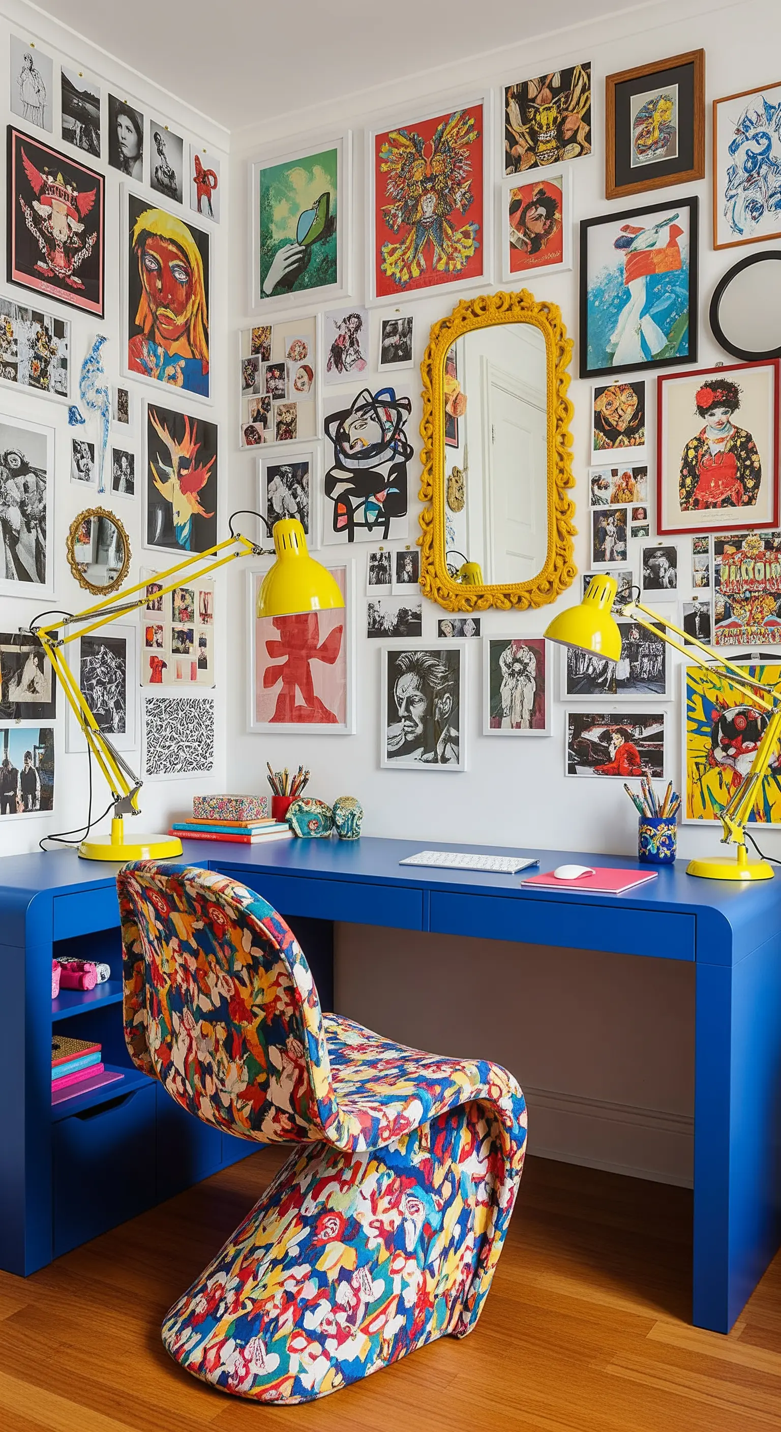 Scrivania blu elettrico con sedia fantasia e parete ricoperta di quadri colorati.