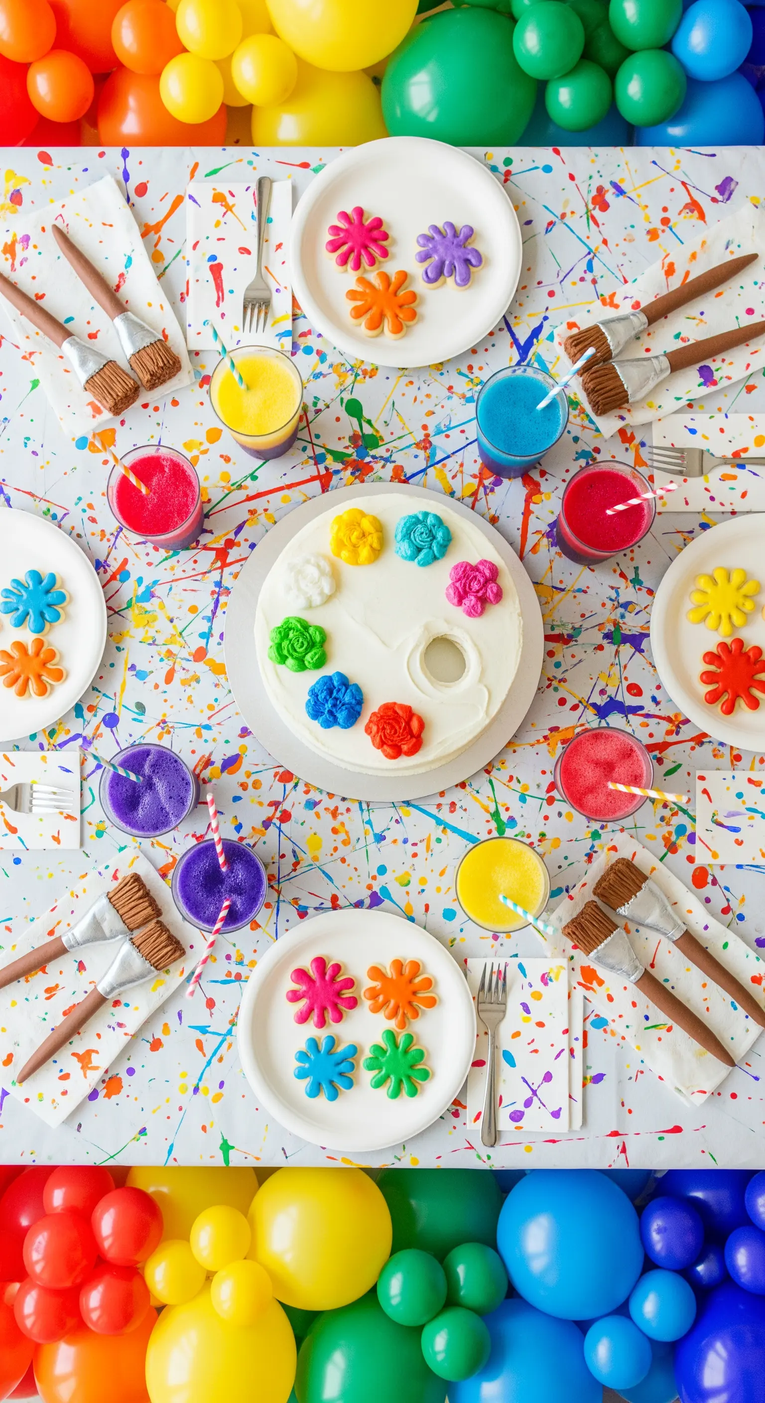 Festa a tema arte con torta a tavolozza, pennelli e schizzi di colore ovunque.