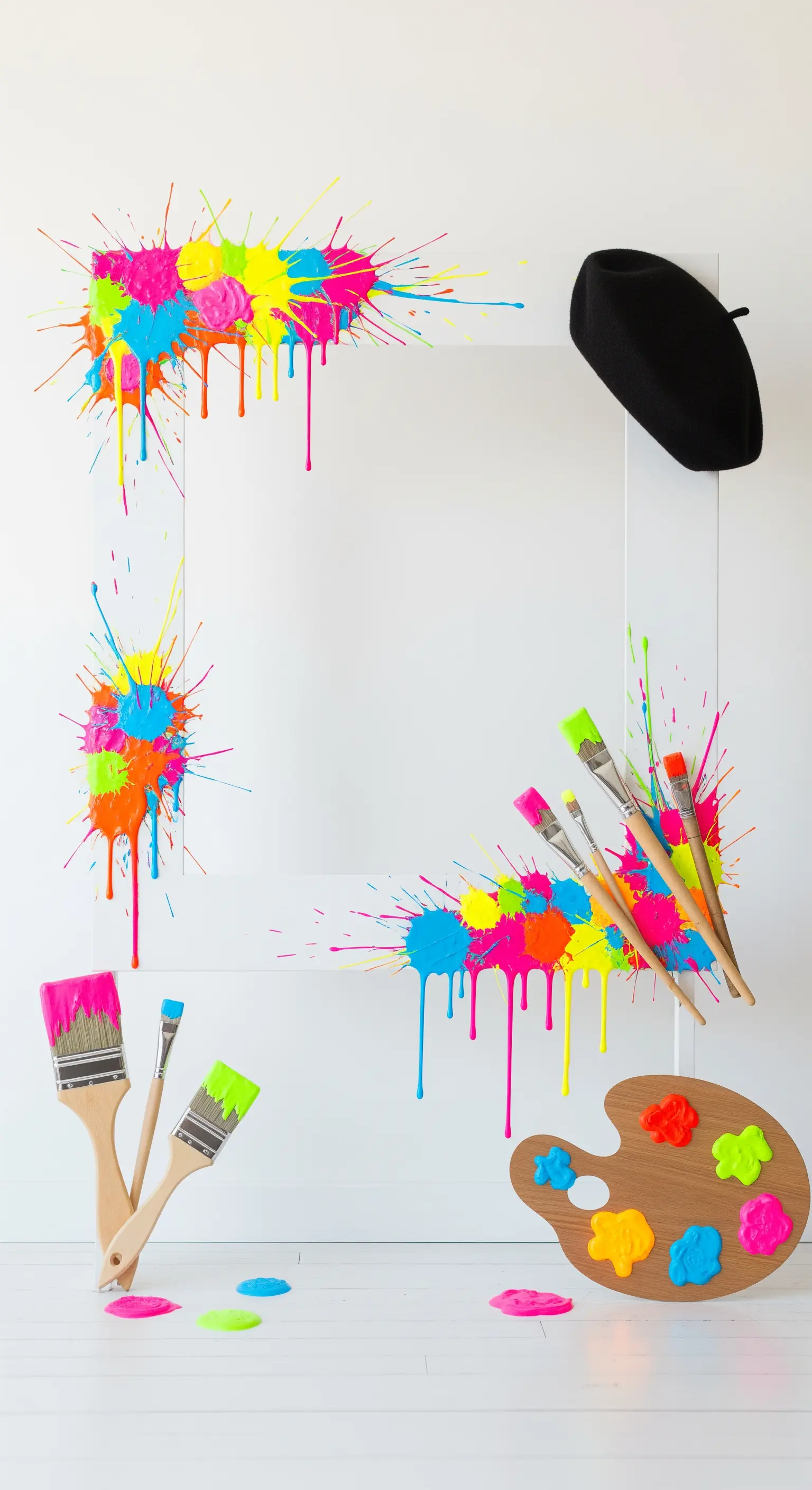 Cornice bianca con schizzi di vernice neon, pennelli, una tavolozza e un basco nero.