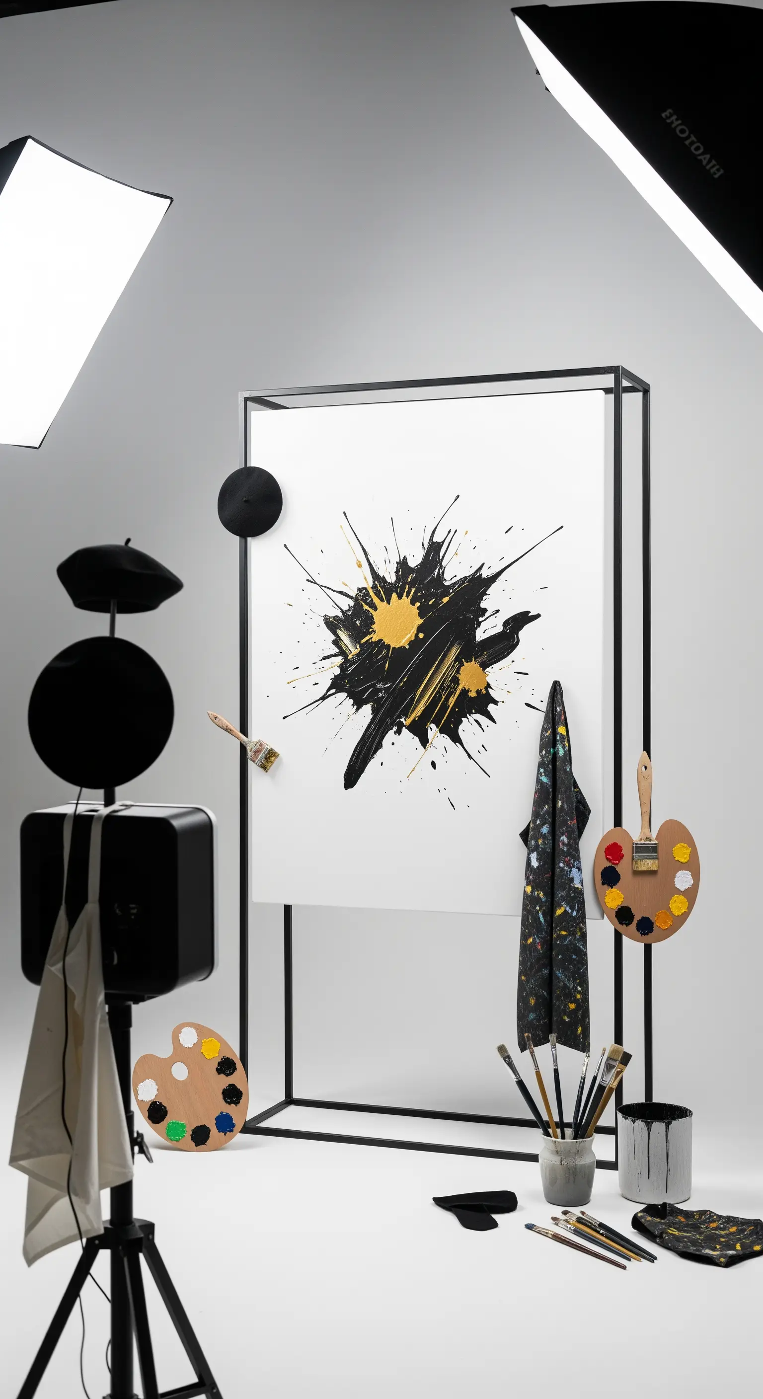 Photo booth minimalista a tema studio d'arte, con una tela astratta, pennelli e baschi.