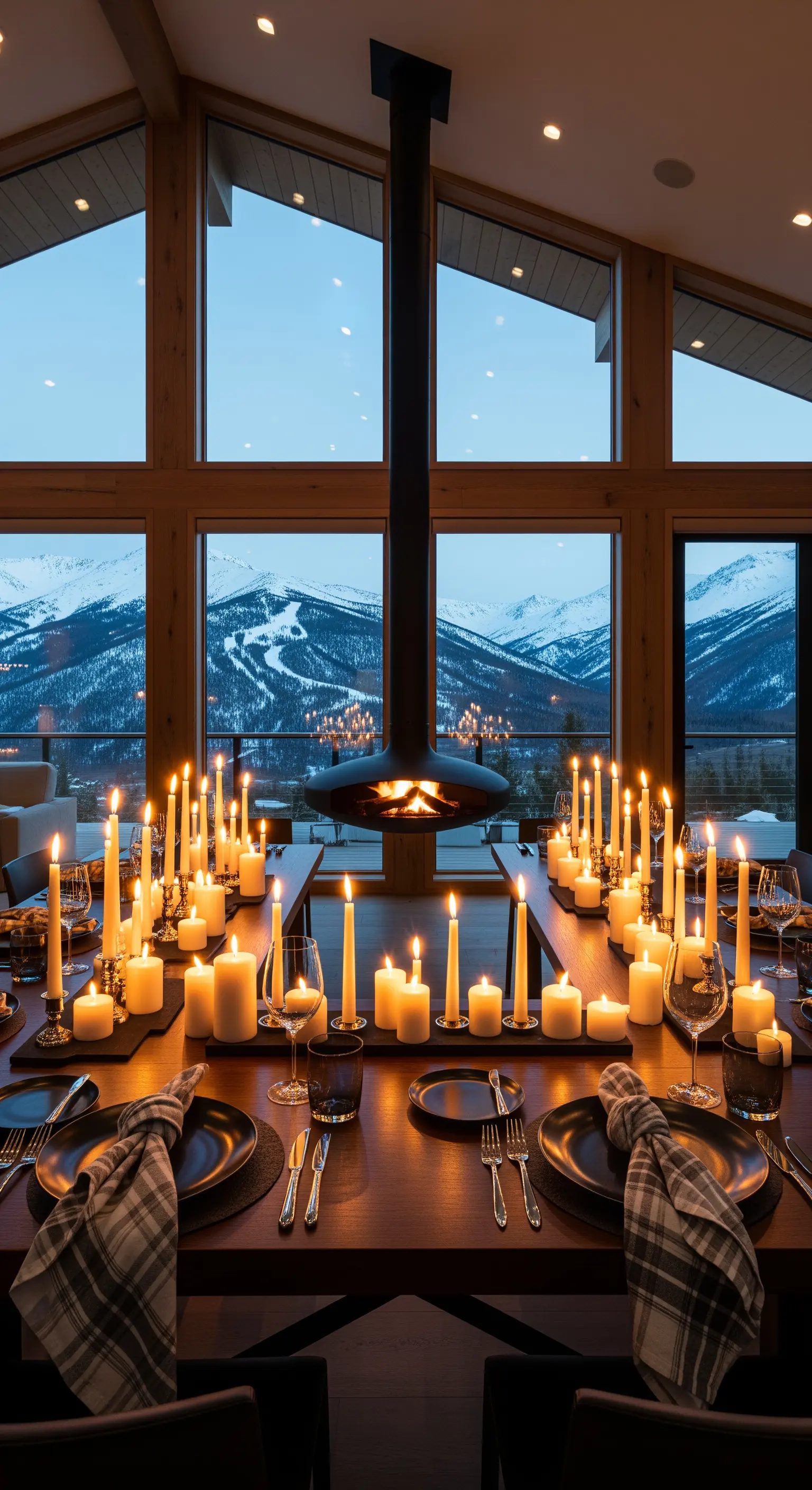 Tavola da pranzo con decine di candele accese e un camino sospeso al centro.