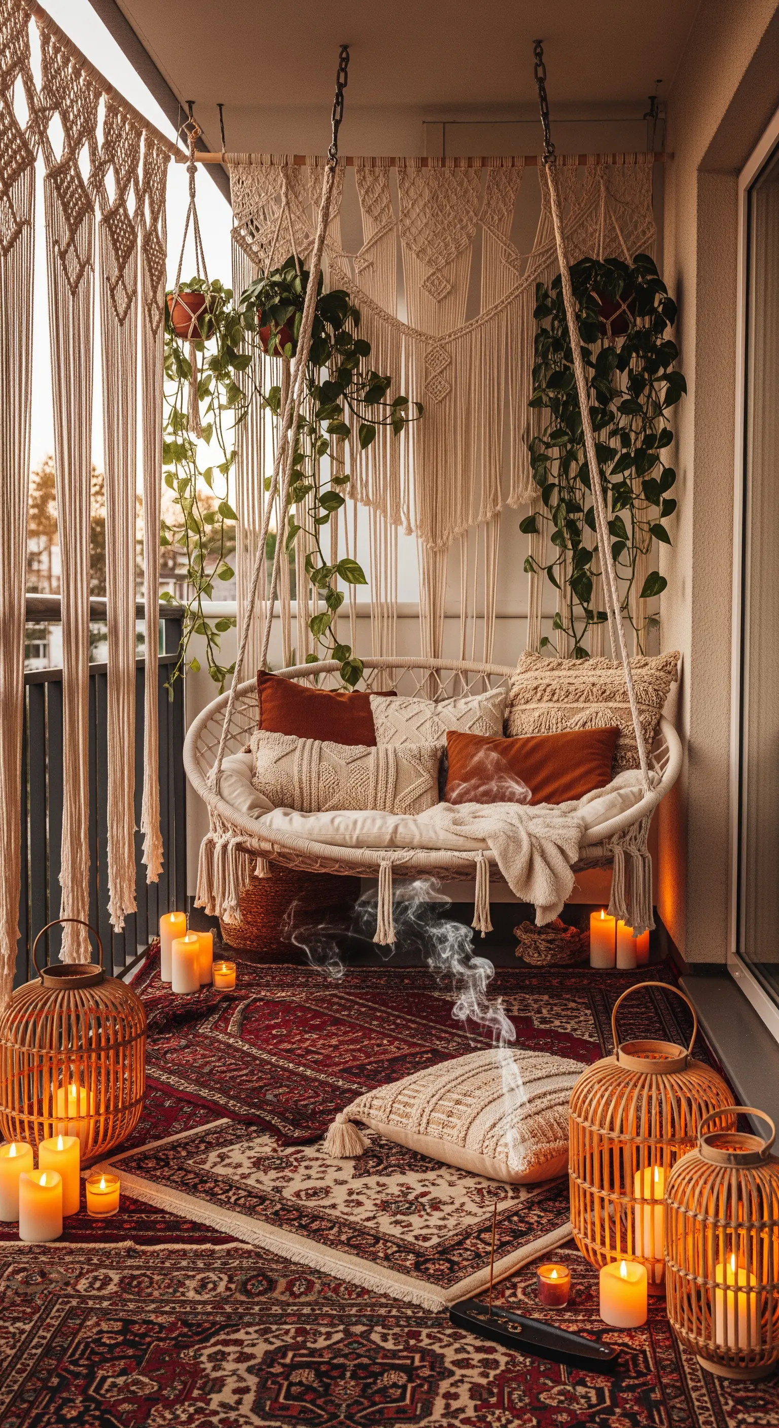 Dondolo in macramè su un balcone bohémien con tappeti persiani, cuscini e lanterne di bambù.