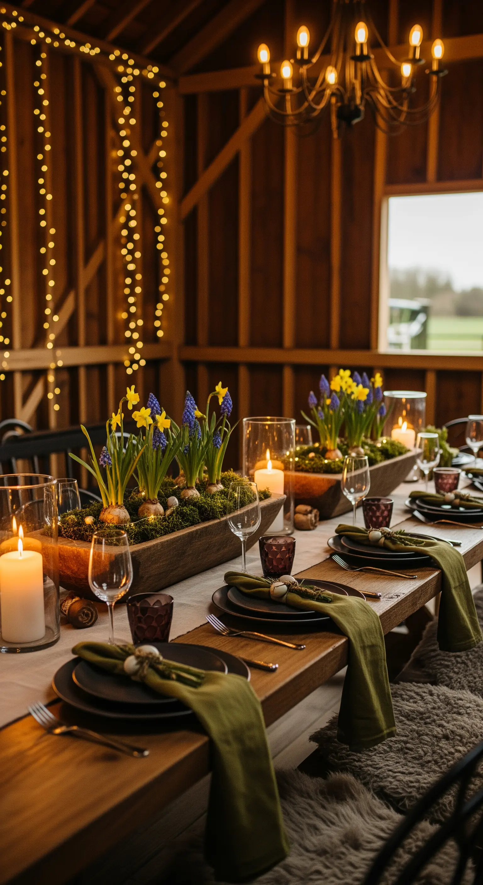 Tavola in legno in un fienile con centrotavola di bulbi, muschio e candele accese