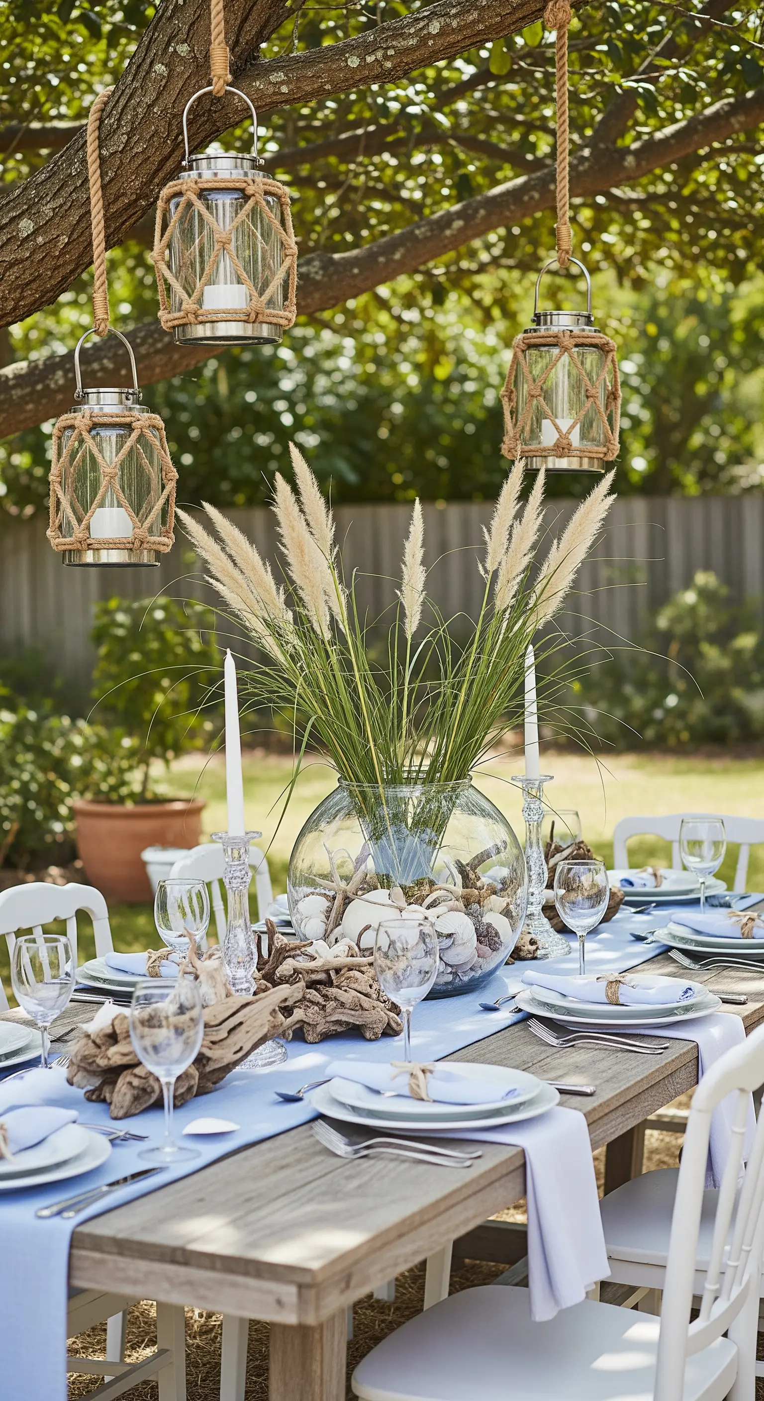 Tavola estiva a tema costiero con lanterne in corda e centrotavola con legni e conchiglie.