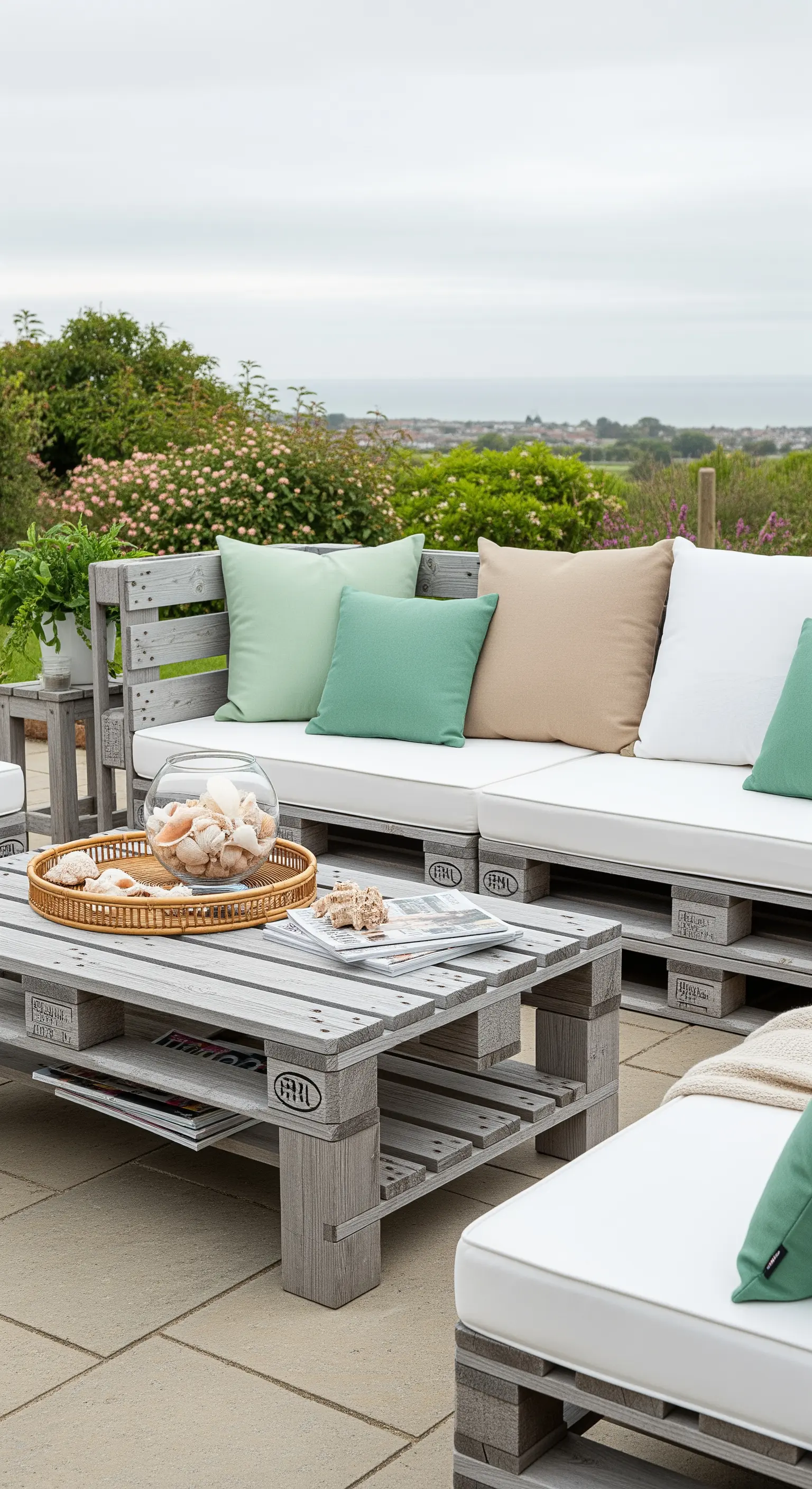 Salotto in pallet grigio-sbiancato con cuscini neutri e un vassoio di conchiglie