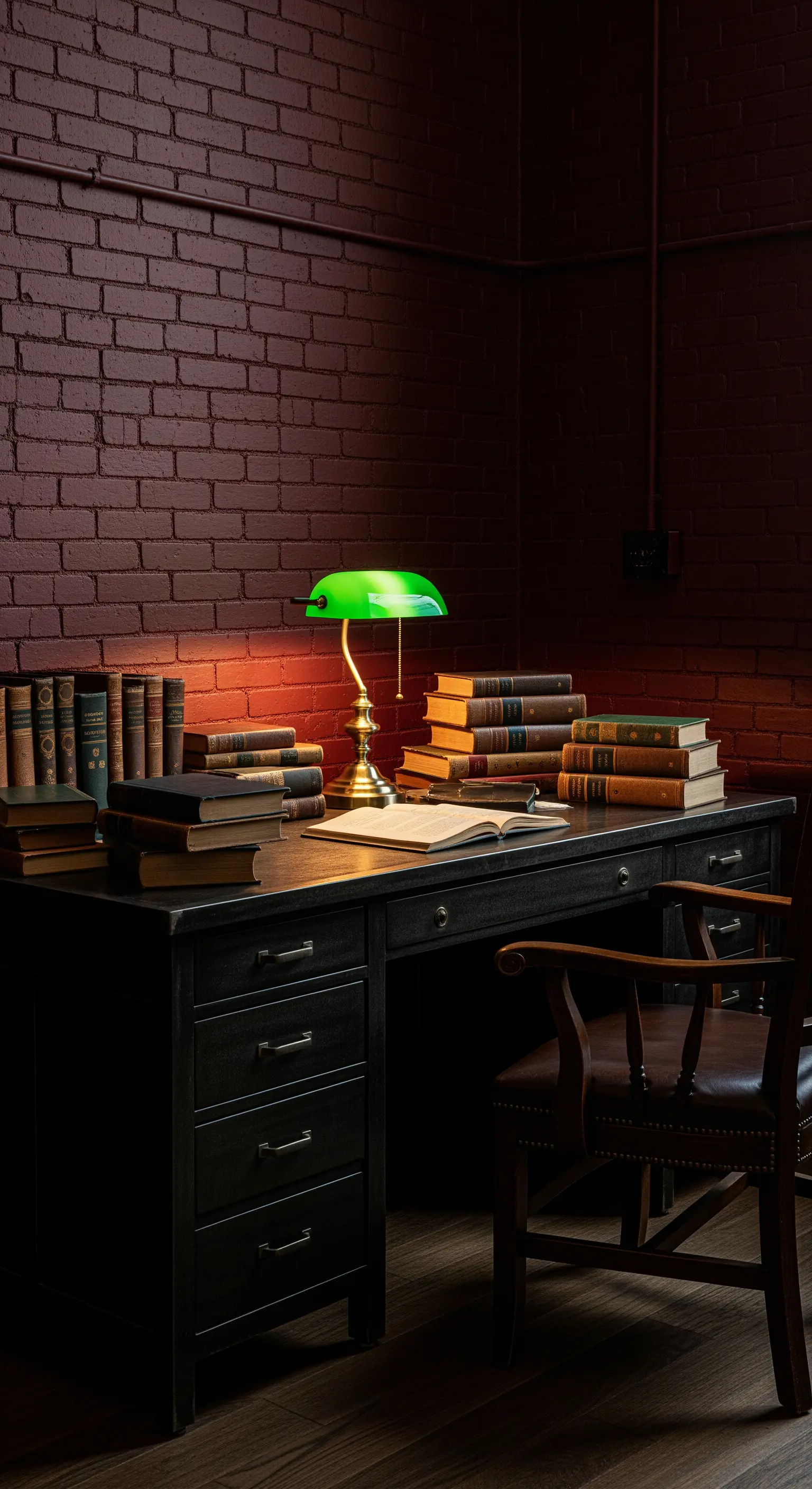 Ufficio scuro e accogliente con scrivania in legno, libri antichi e lampada da banchiere.
