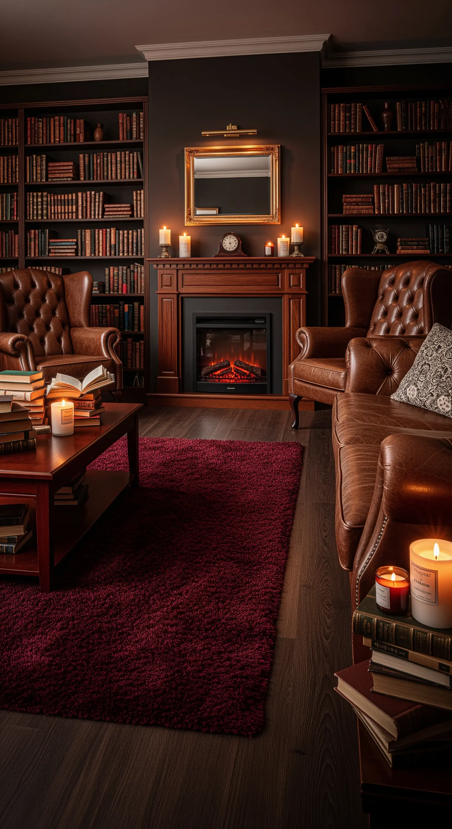 Salotto in stile biblioteca con pareti scure, poltrone in pelle e camino.