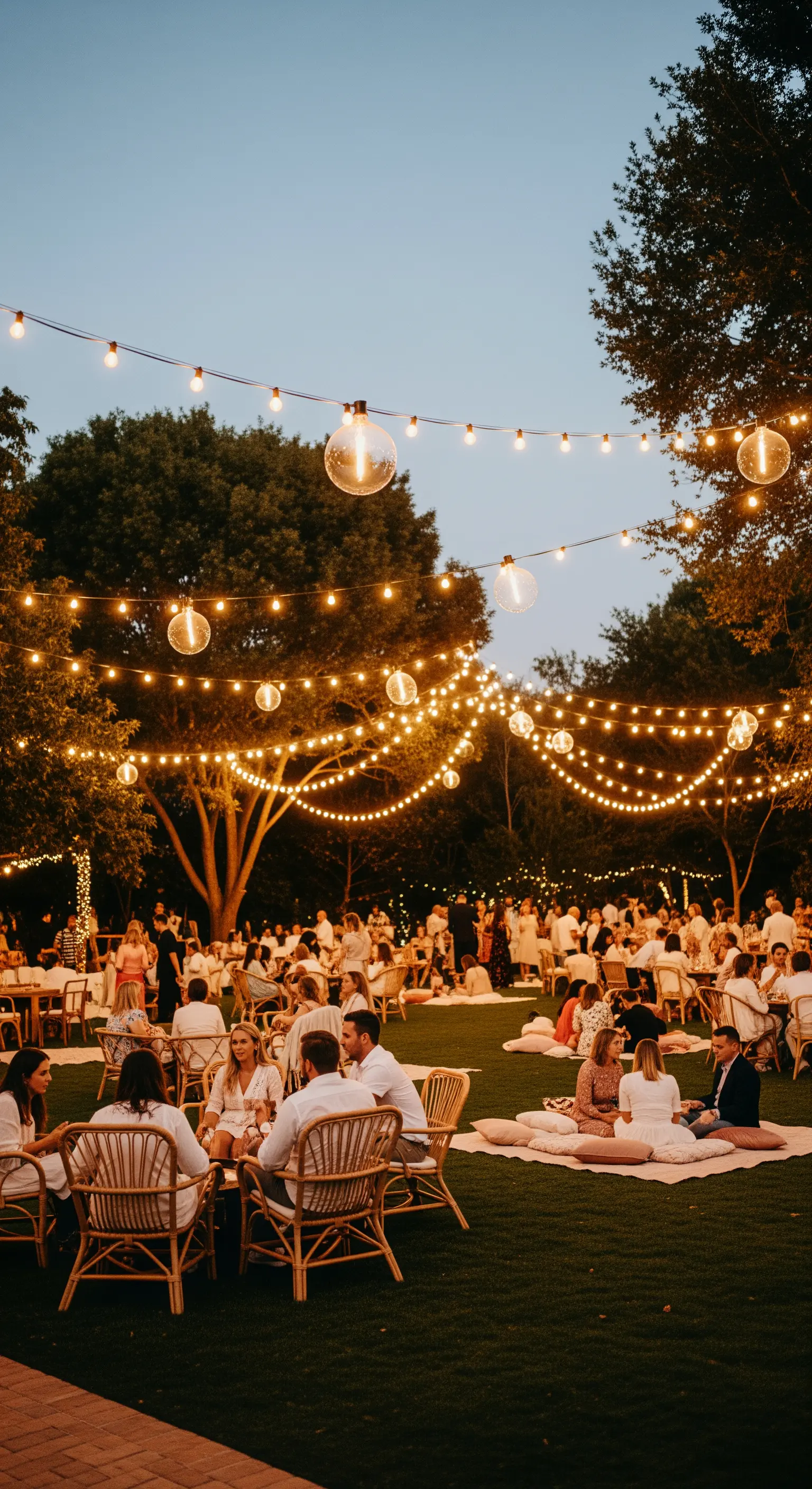 Grande festa in giardino con fili di lampadine a bulbo sospese tra gli alberi.