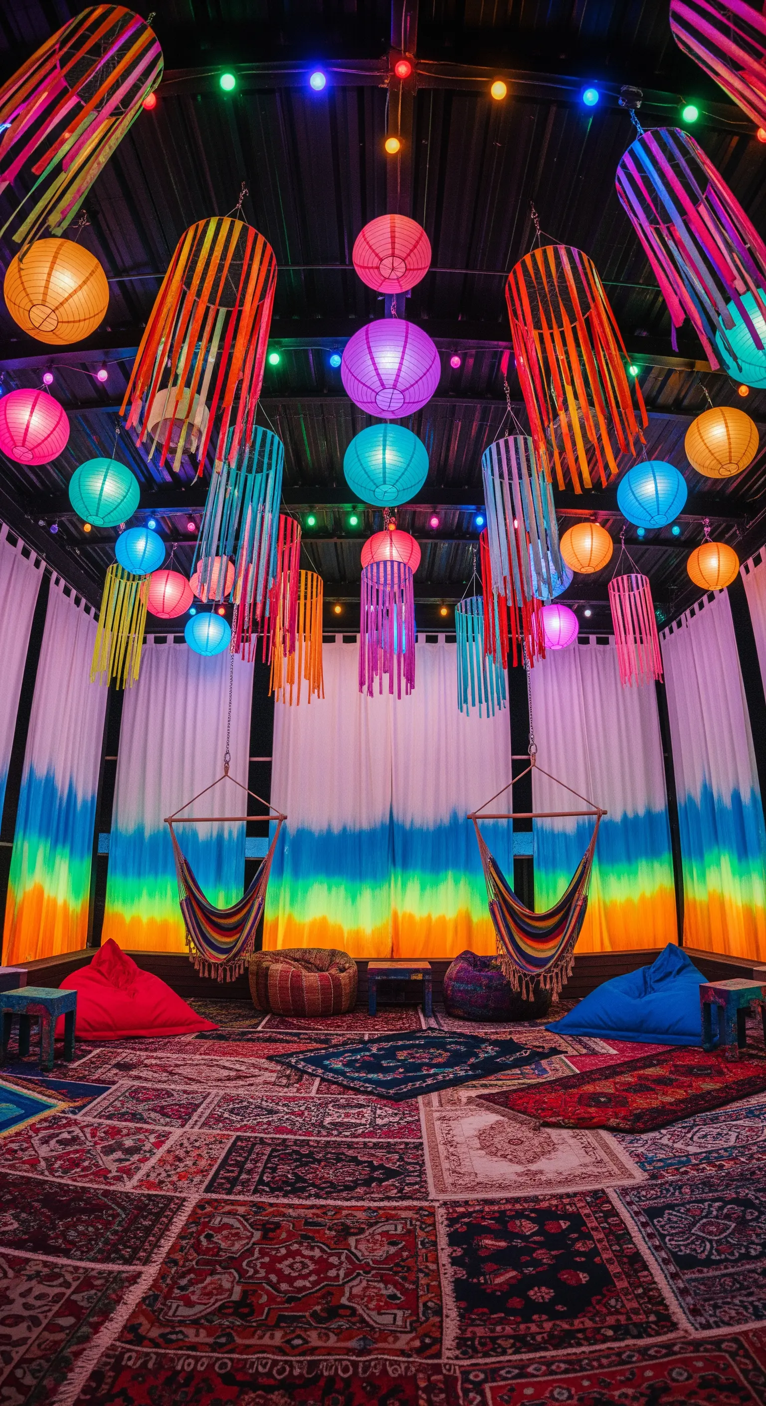 Stanza in stile festival con amache, lanterne colorate, tende tie-dye e tappeti sovrapposti.