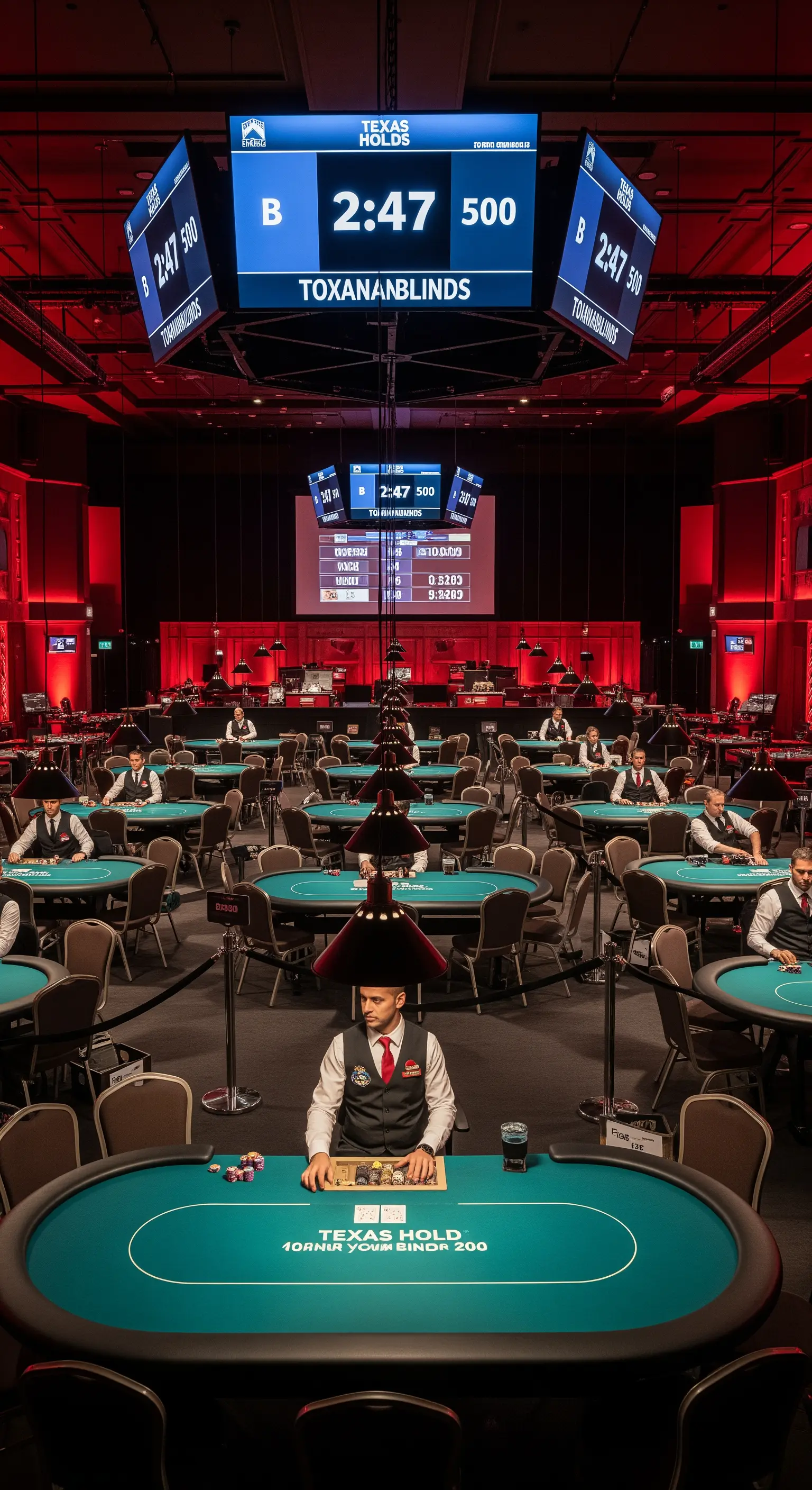 Sala da torneo di poker con tavoli professionali, illuminazione rossa e grandi schermi sospesi.