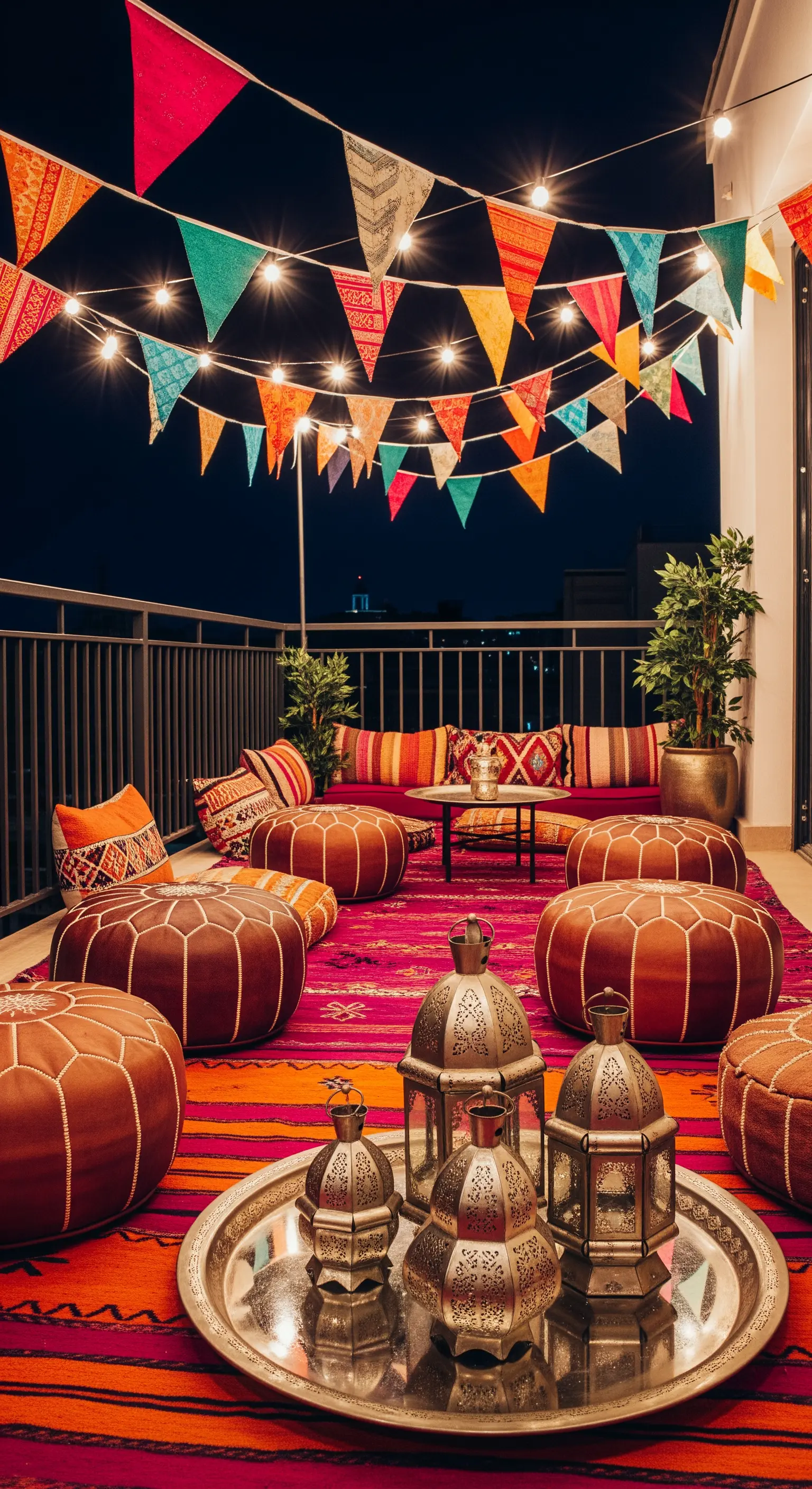 Balcone allestito per una festa notturna con pouf in pelle, tappeto fucsia e ghirlande colorate.