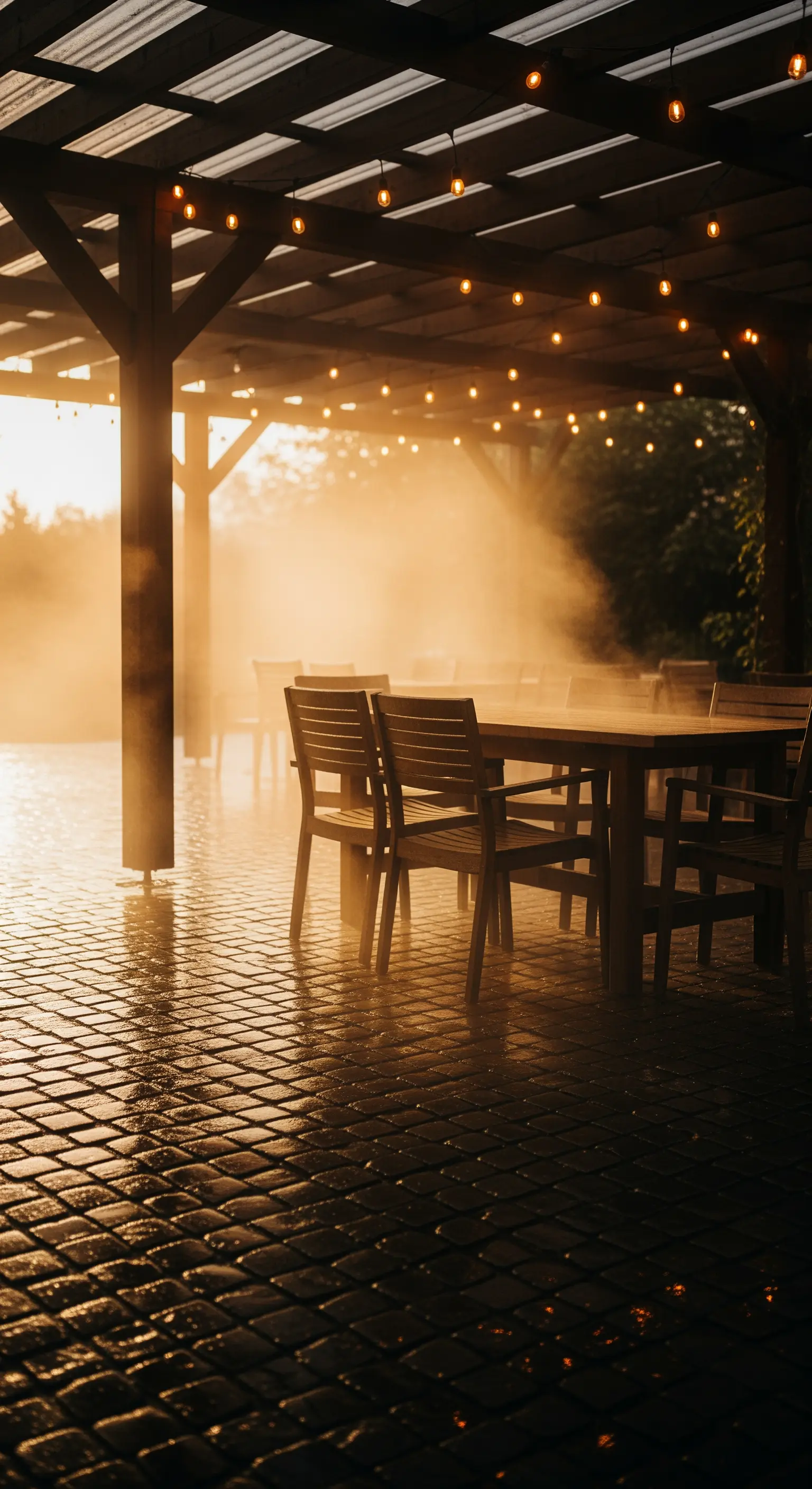 Patio in pietra con tavoli in legno avvolto da una nebbia sottile al tramonto.