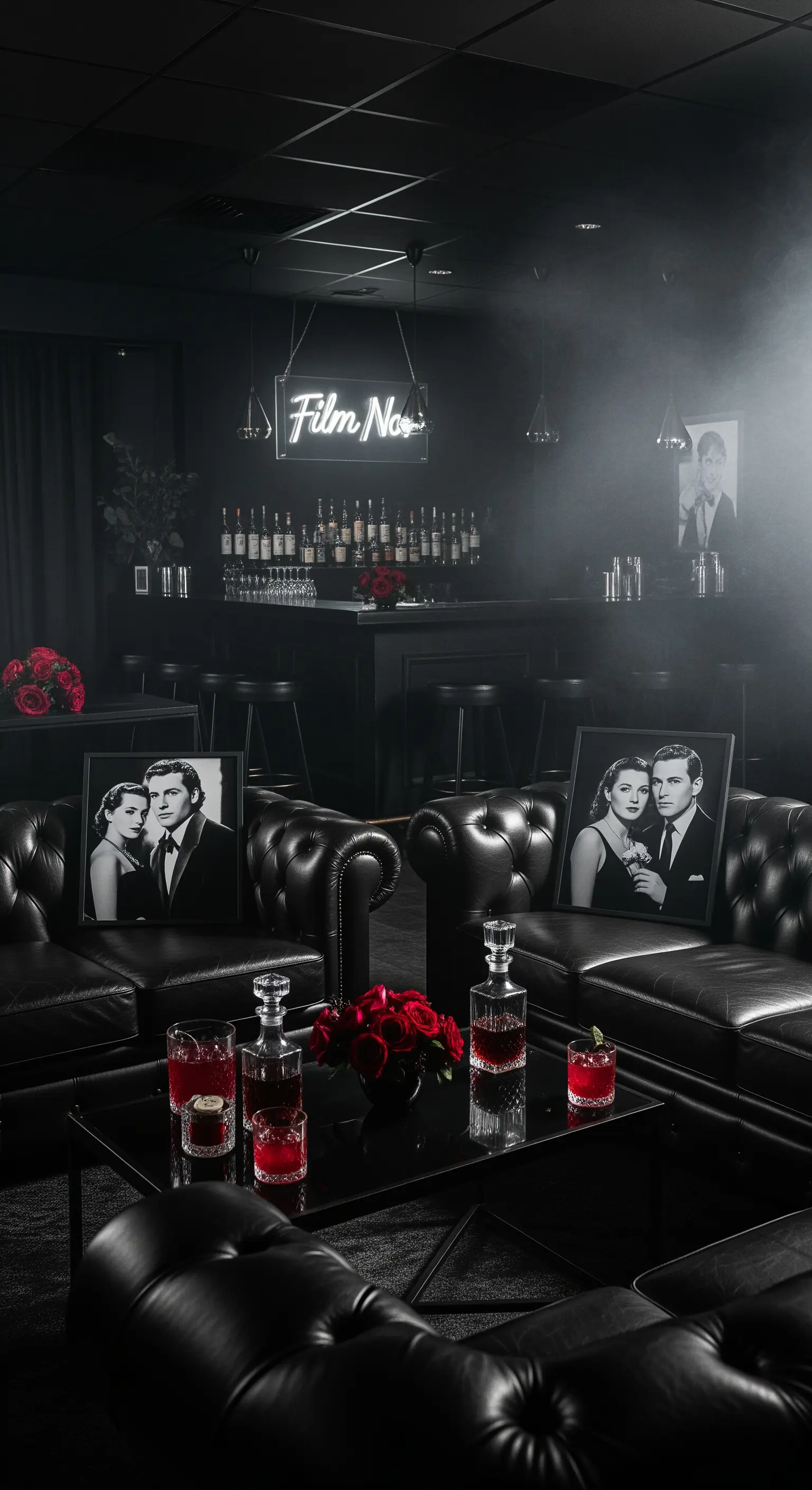 Lounge bar in stile film noir, con divani in pelle nera, insegna al neon e fumo scenico