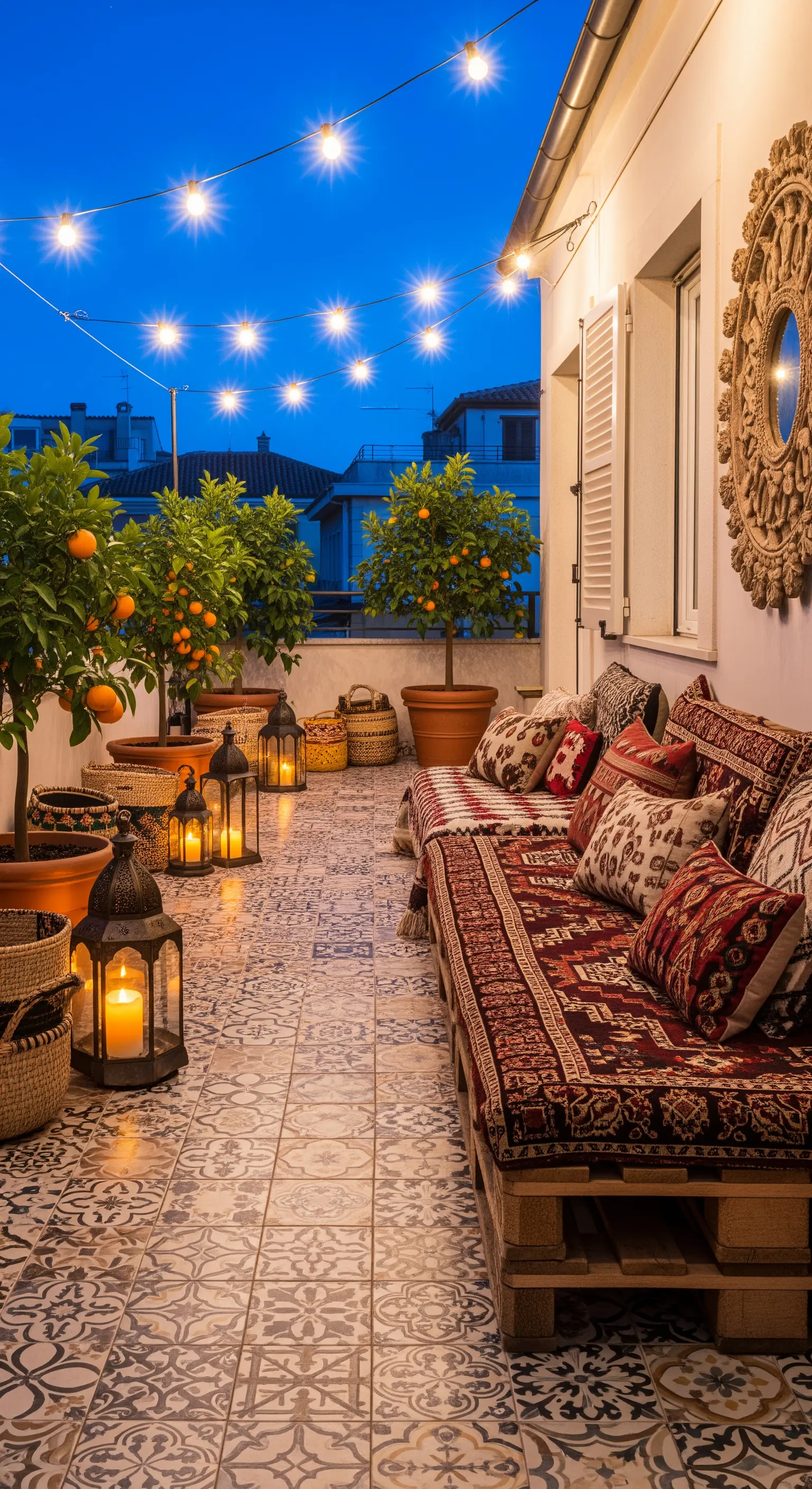 Terrazza in stile bohémien con divani su pallet, tappeti kilim, lanterne e luci a stringa.
