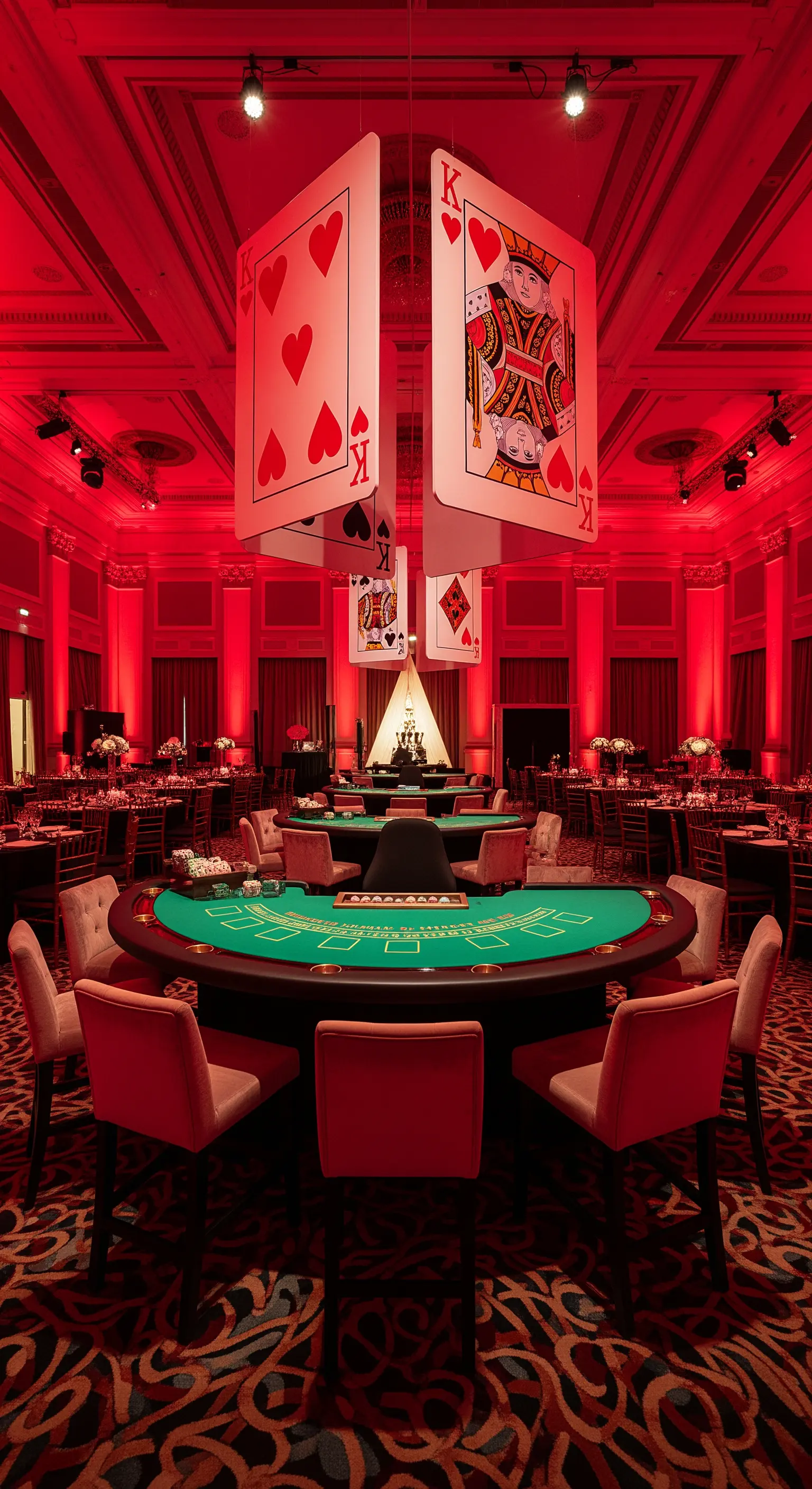Sala per eventi con tavoli da gioco, illuminata di rosso e con carte giganti appese al soffitto.