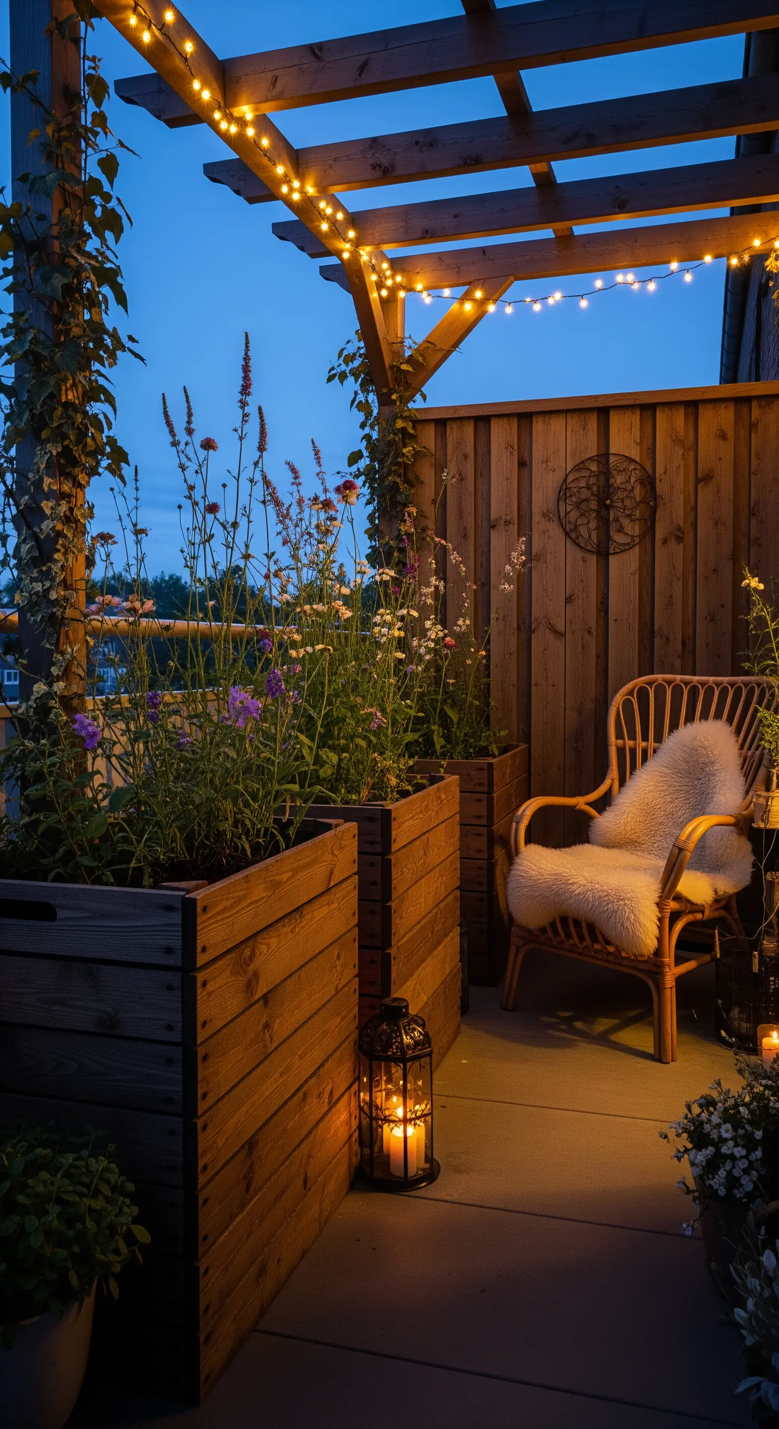 Angolo relax serale con fioriere in legno, sedia in rattan, lanterne e fili di luci.