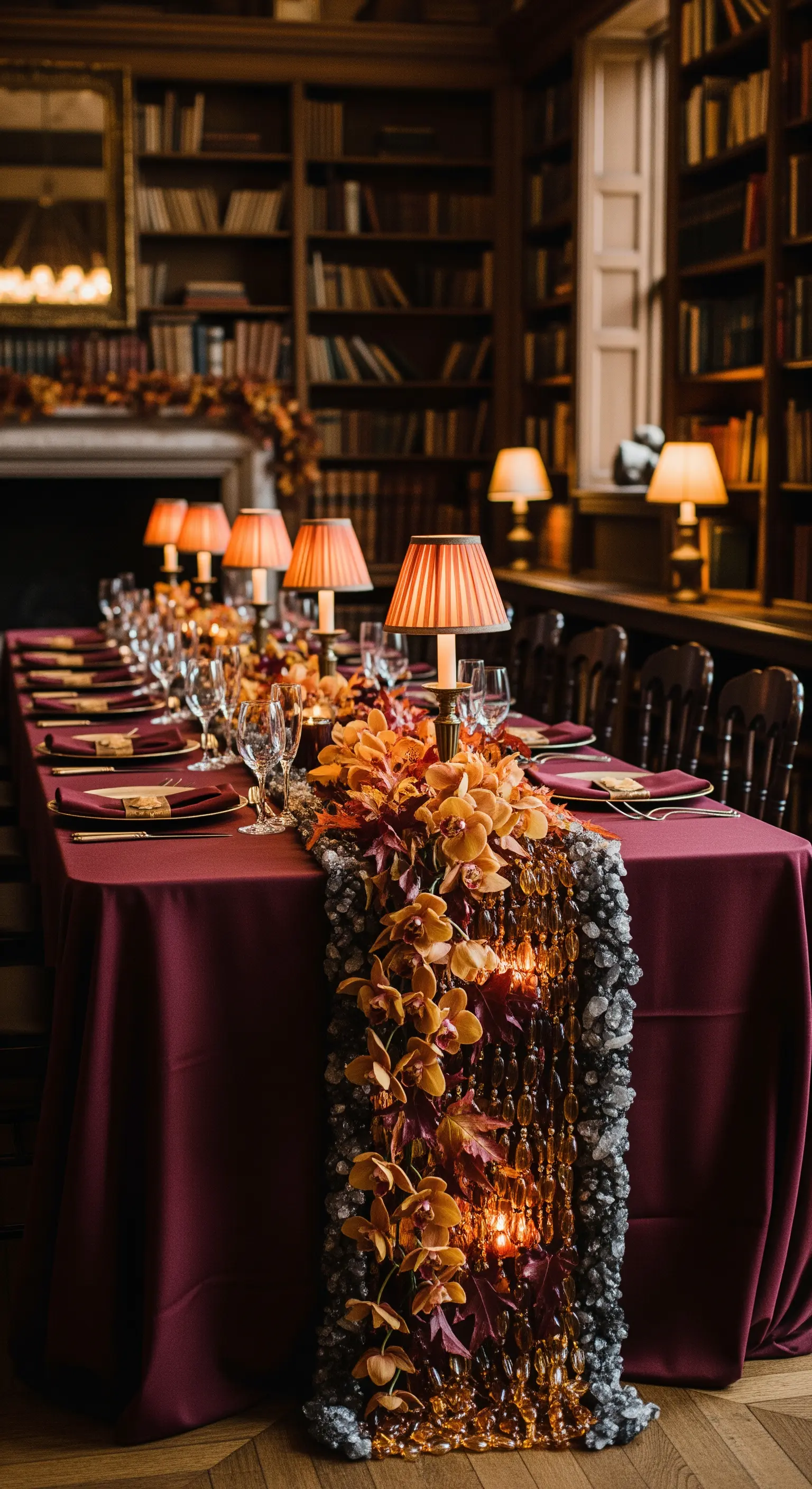 Tavolo color borgogna in una biblioteca, illuminato da lampade e decorato con orchidee arancioni.